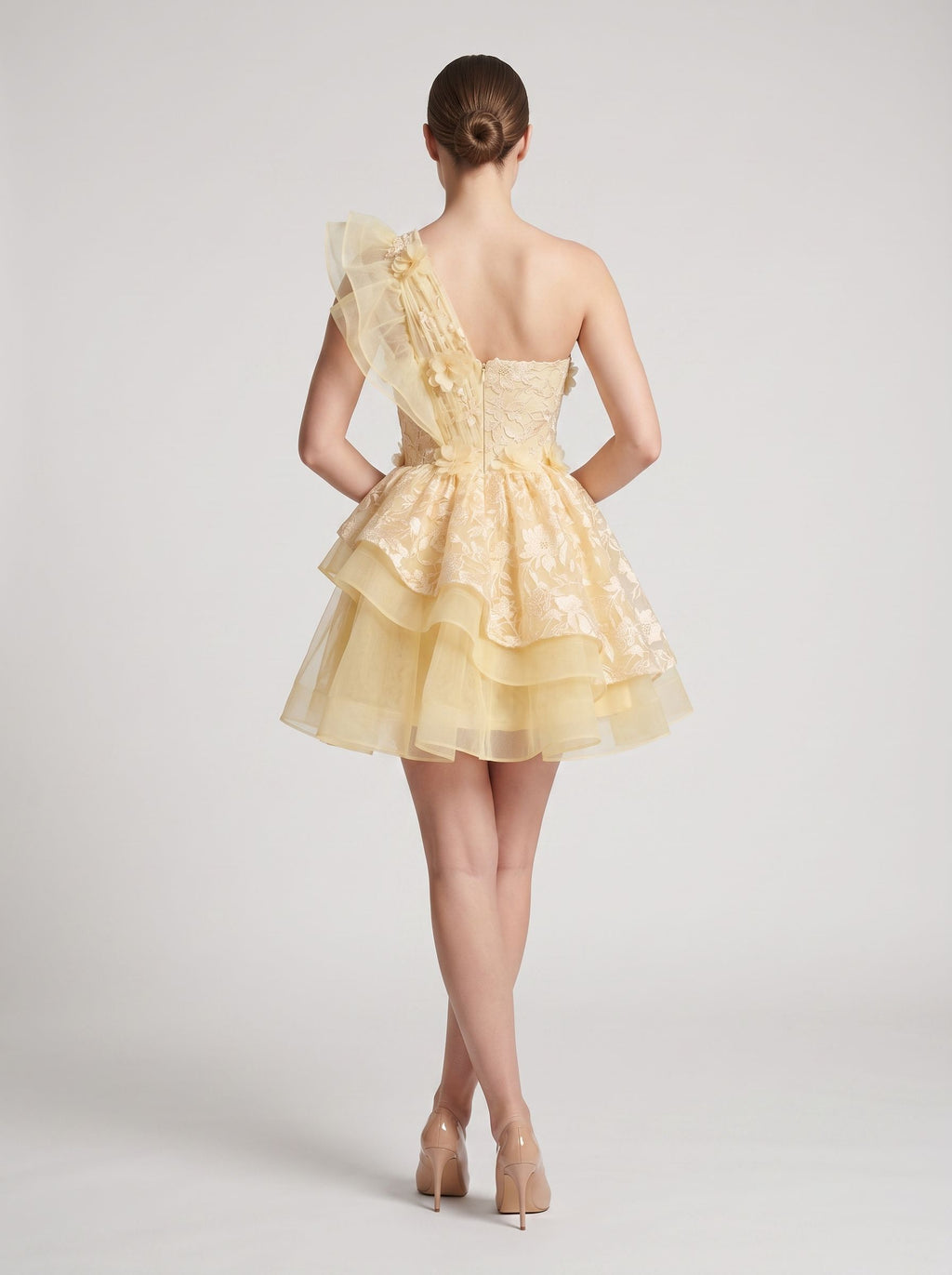 Butter Satin A-Line One Shoulder Back Zip Short Dress with Ruffled Appliques
