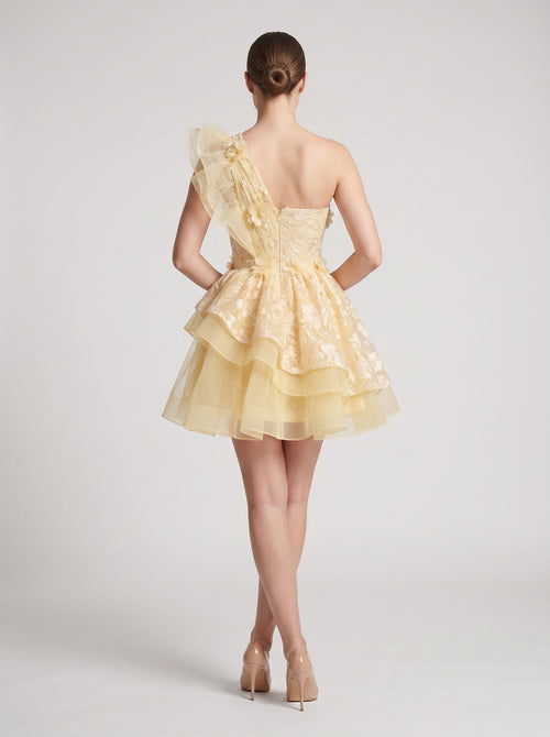 Butter Satin A-Line One Shoulder Back Zip Short Dress with Ruffled Appliques
