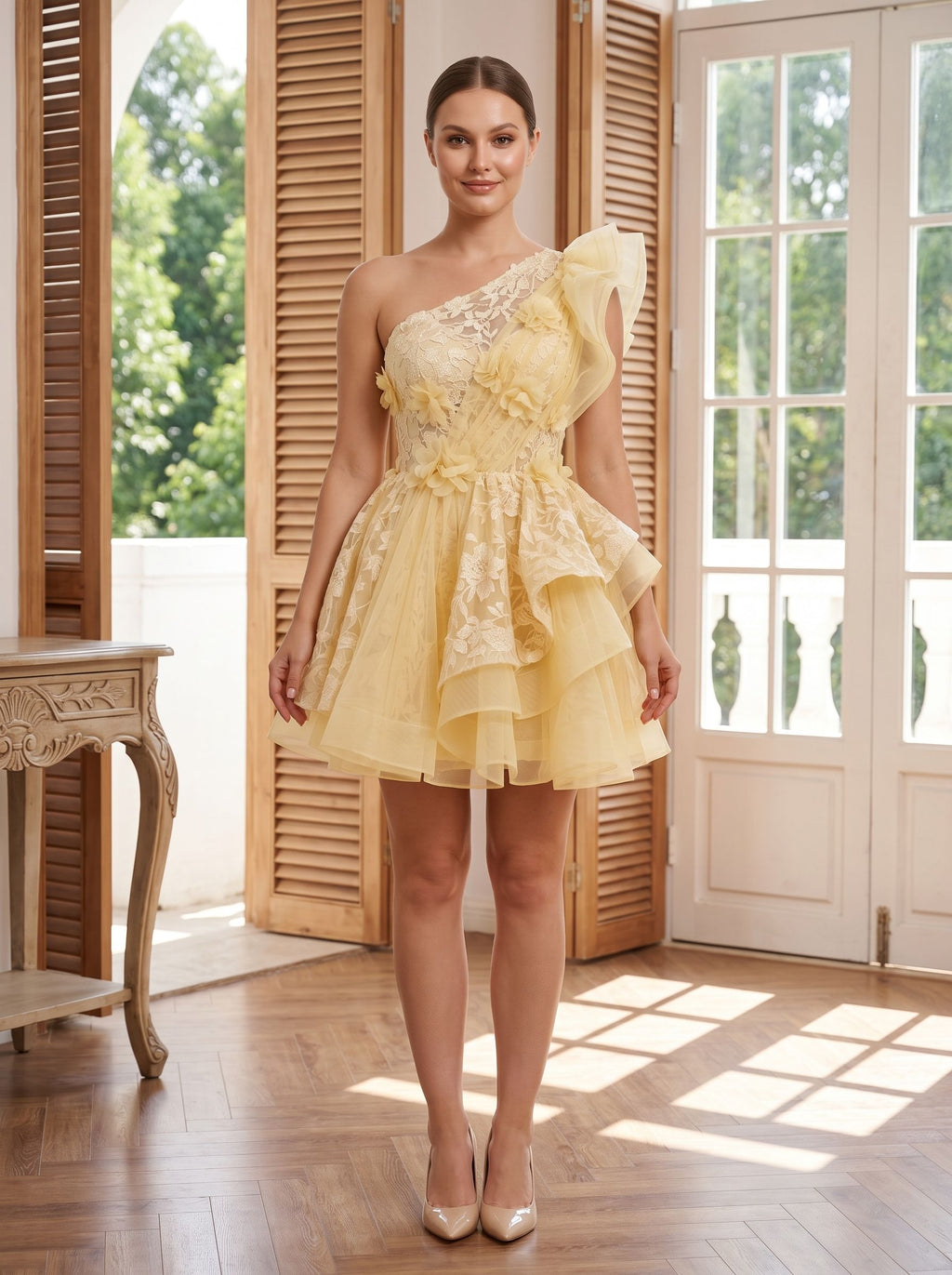 Butter Satin A-Line One Shoulder Back Zip Short Dress with Ruffled Appliques
