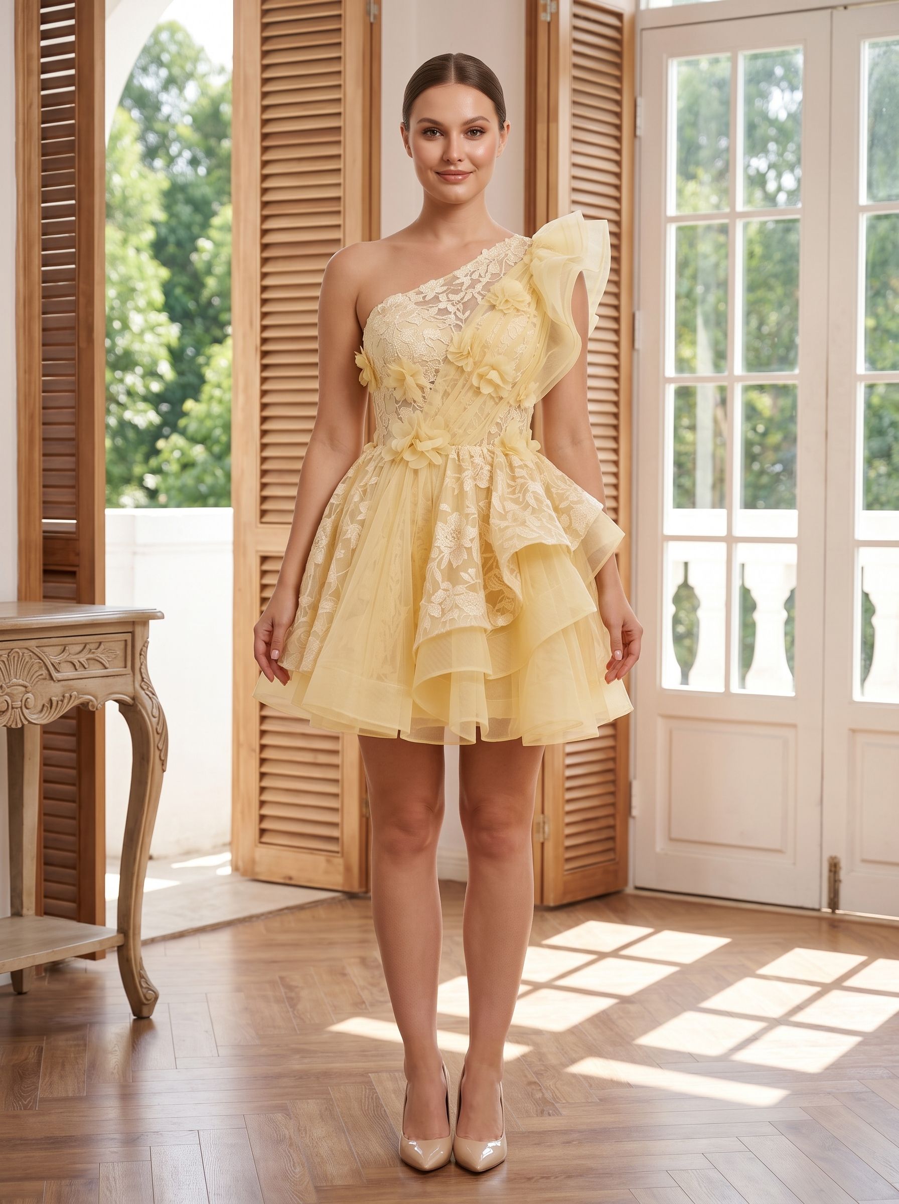 Butter Satin A-Line One Shoulder Back Zip Short Dress with Ruffled Appliques
