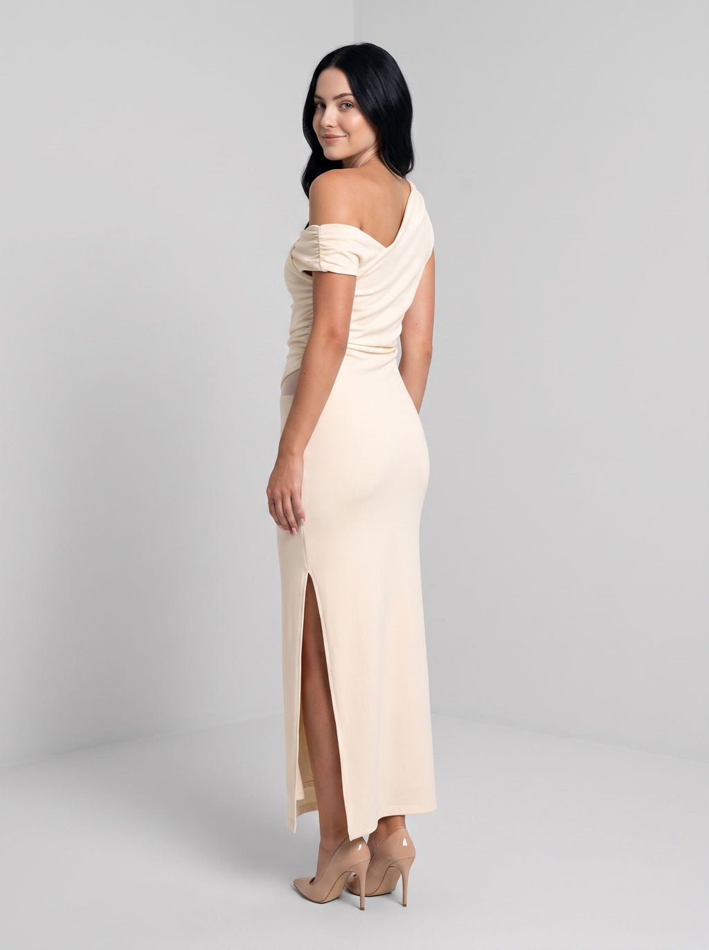 Butter Stretch Knit Sheath One Shoulder Backless Floor-Length Dress with Split