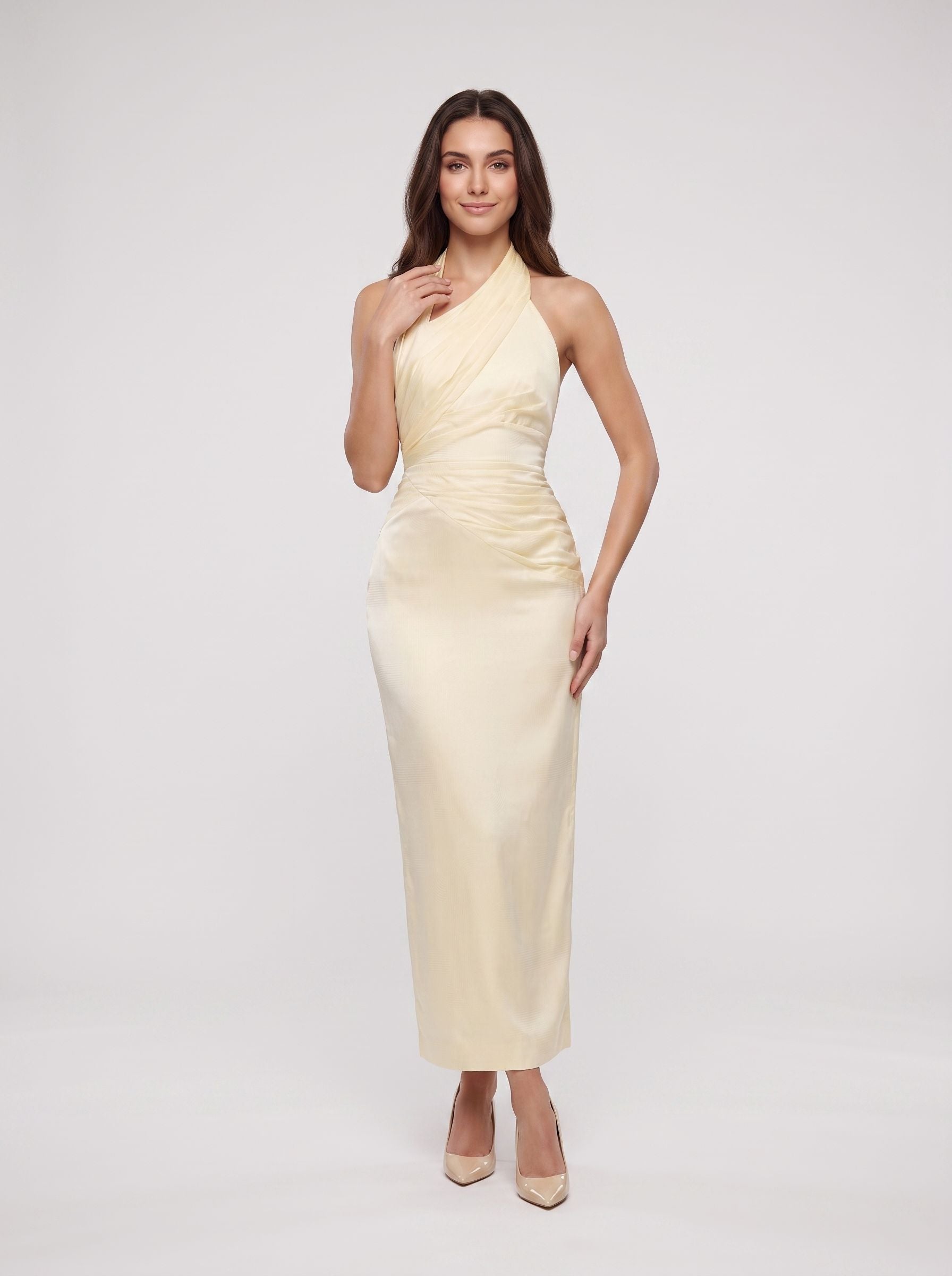 Butter Satin Sheath Halter neckline Back Zip Floor-Length Dress