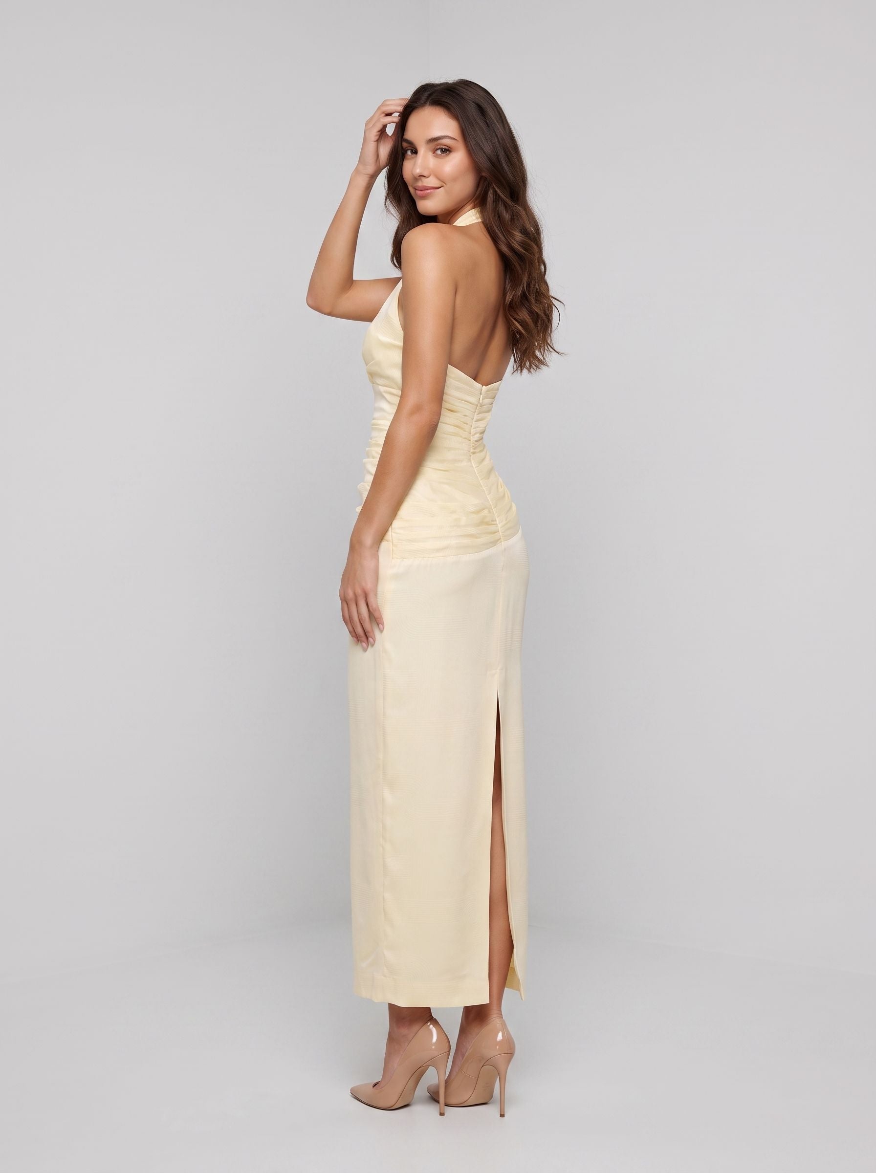 Butter Satin Sheath Halter neckline Back Zip Floor-Length Dress