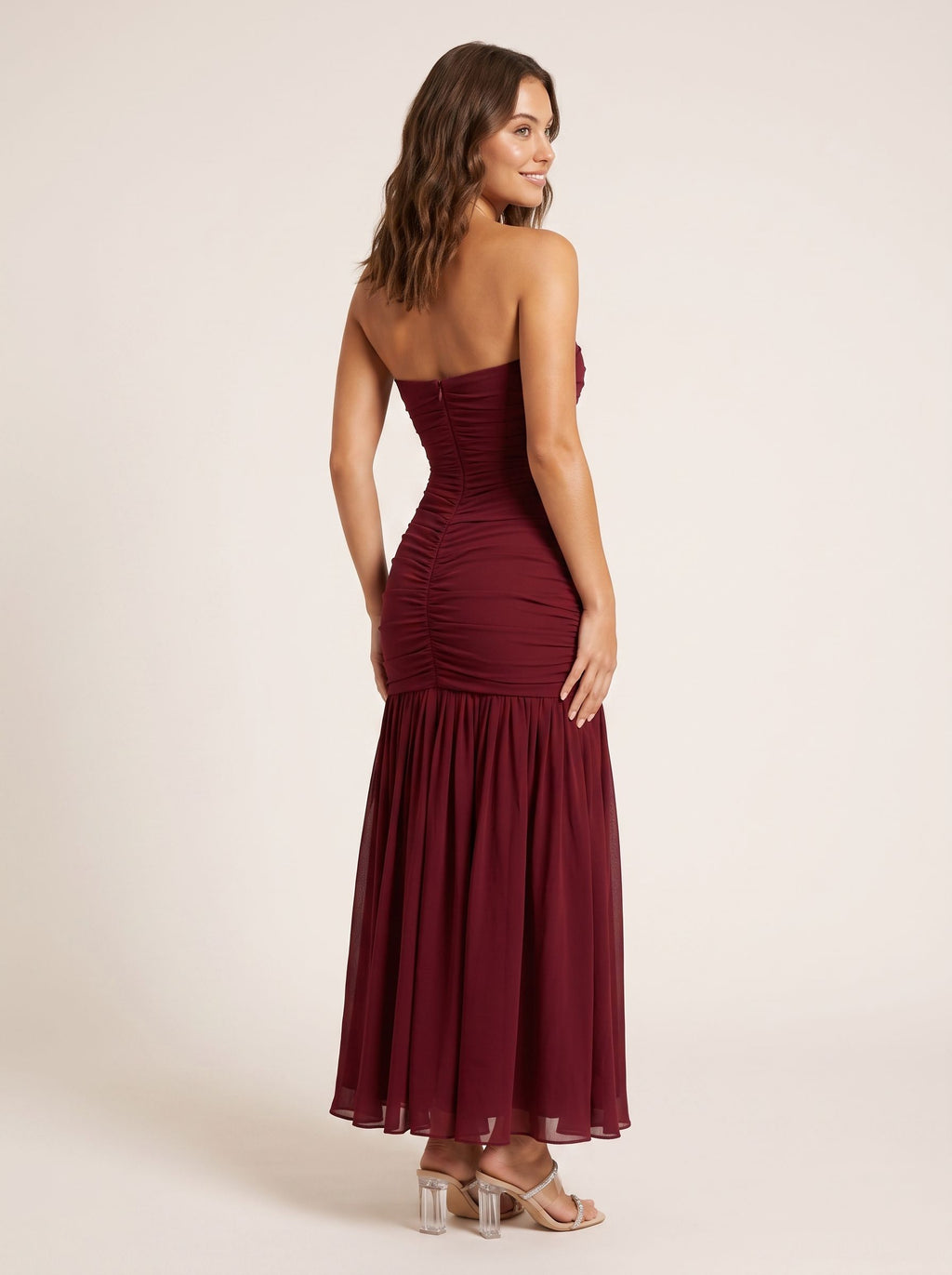 Cabernet Chiffon A-Line Straight Neck Back Zip Floor-Length Dress with Pleating