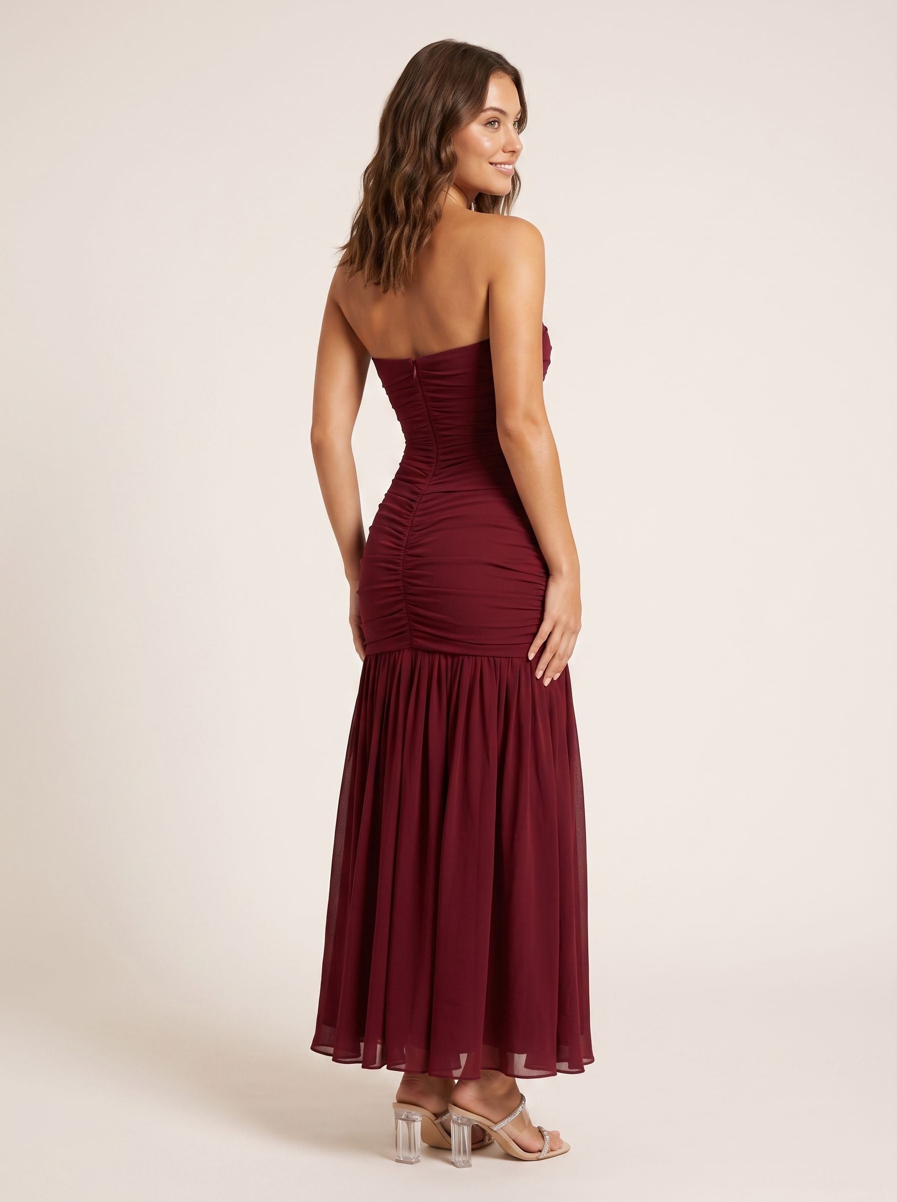 Cabernet Chiffon A-Line Straight Neck Back Zip Floor-Length Dress with Pleating