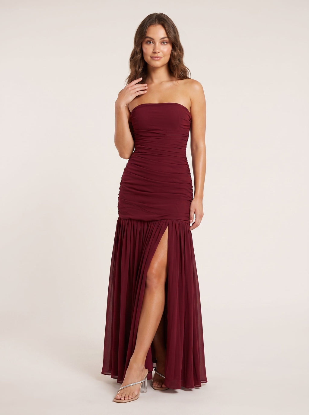 Cabernet Chiffon A-Line Straight Neck Back Zip Floor-Length Dress with Pleating