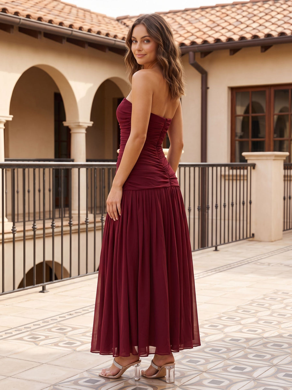 Cabernet Chiffon A-Line Straight Neck Back Zip Floor-Length Dress with Pleating