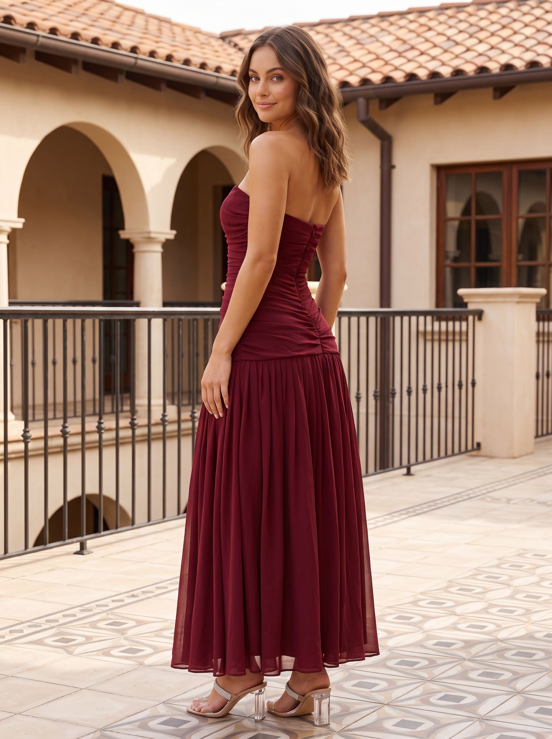Cabernet Chiffon A-Line Straight Neck Back Zip Floor-Length Dress with Pleating