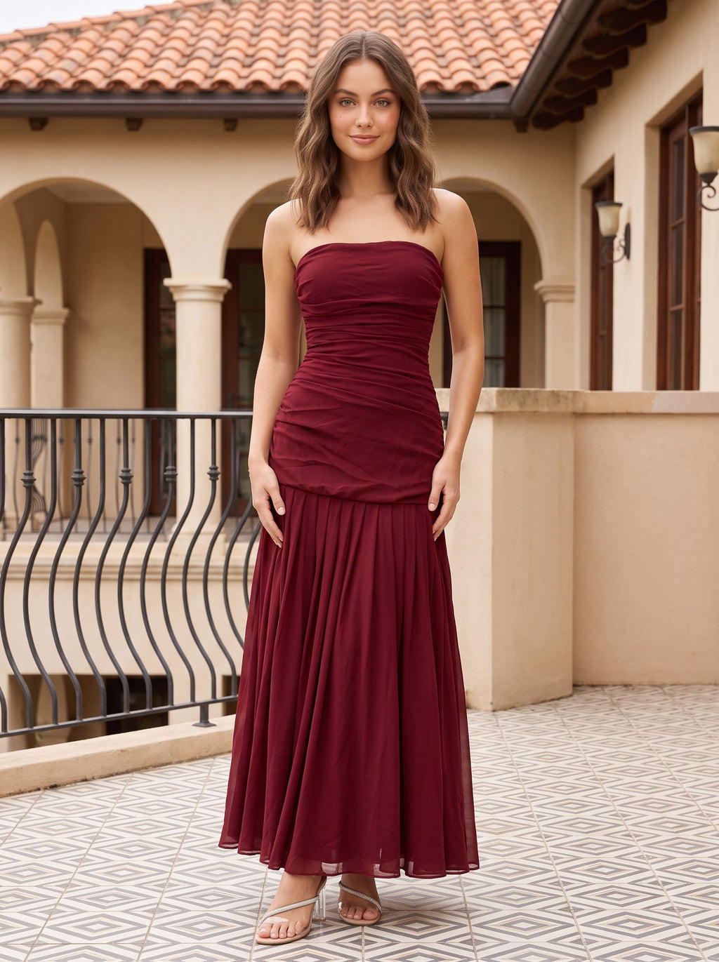 Cabernet Chiffon A-Line Straight Neck Back Zip Floor-Length Dress with Pleating