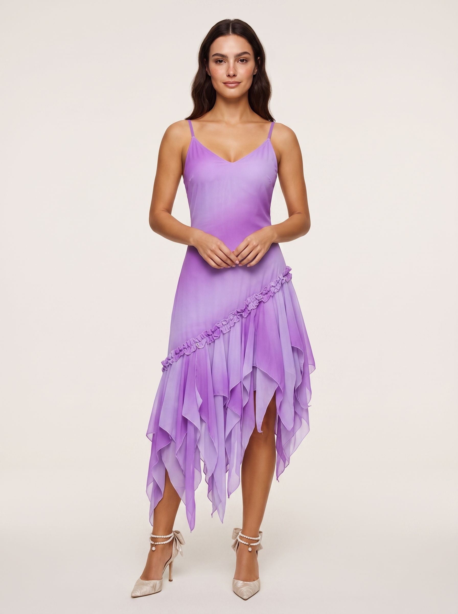 Wisteria Chiffon A-Line Straight Neck Lace-up Floor-Length Dress with Cascading Ruffles