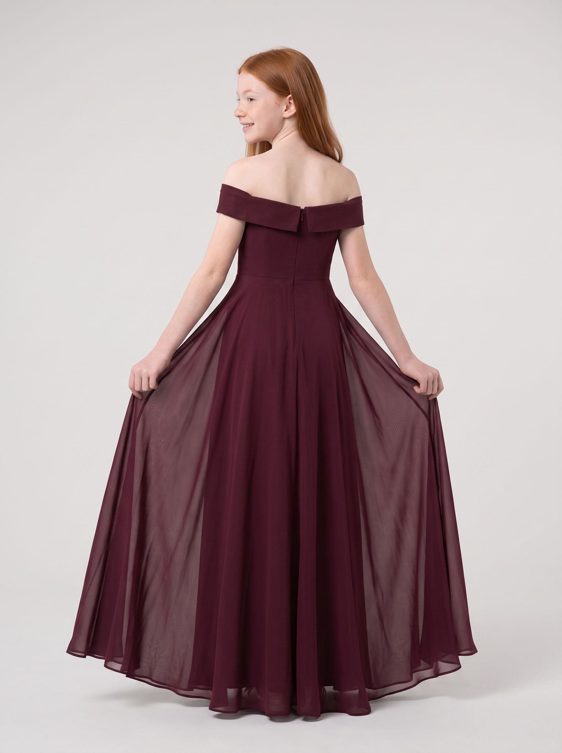 Cabernet Chiffon A-Line Off-the-Shoulder Back Zip Floor-Length Dress with Pleated Bodice