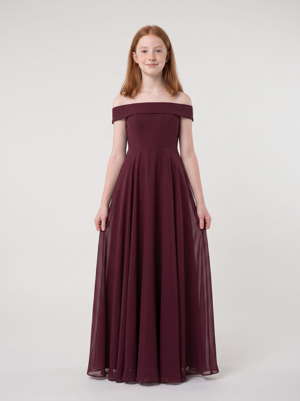 Cabernet Chiffon A-Line Off-the-Shoulder Back Zip Floor-Length Dress with Pleated Bodice