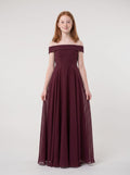 Cabernet Chiffon A-Line Off-the-Shoulder Back Zip Floor-Length Dress with Pleated Bodice