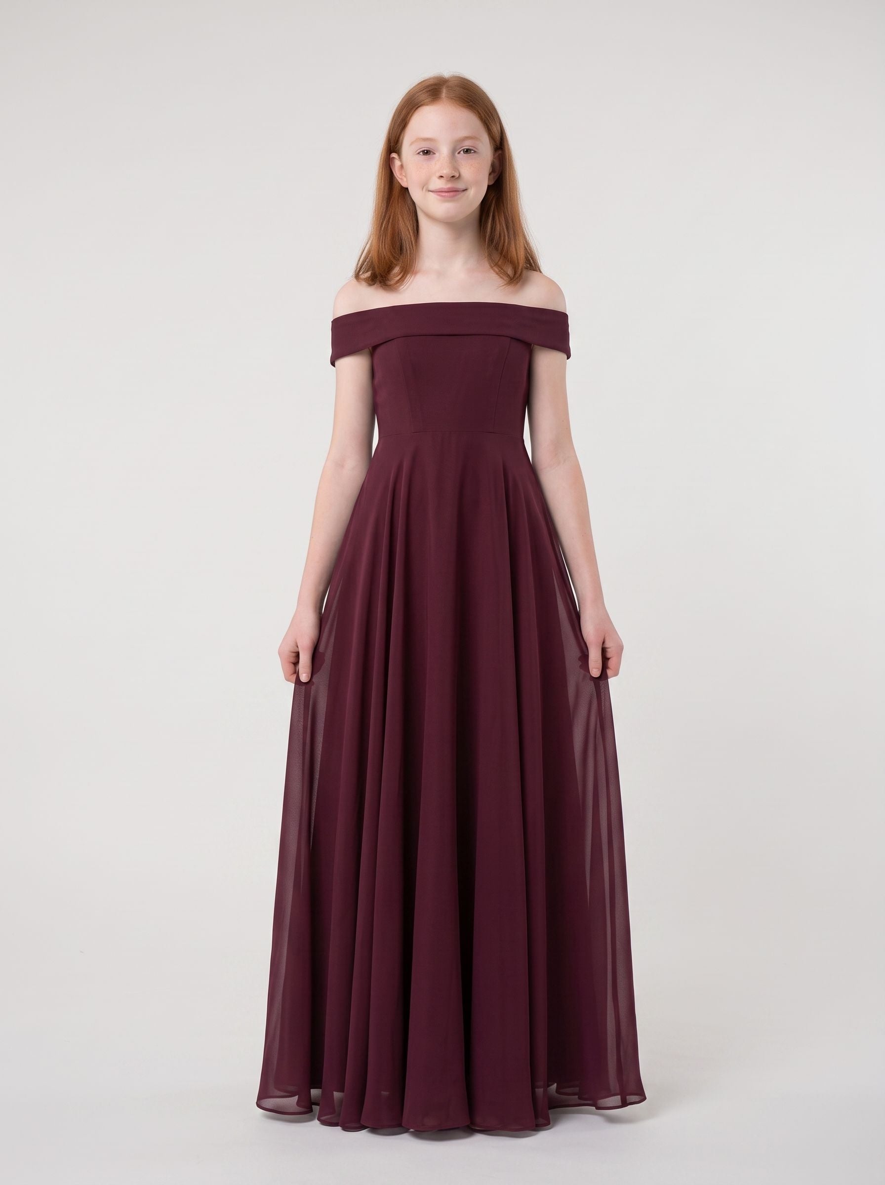 Cabernet Chiffon A-Line Off-the-Shoulder Back Zip Floor-Length Dress with Pleated Bodice