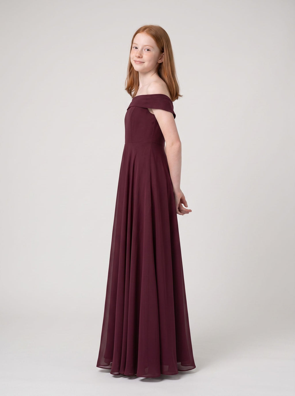Cabernet Chiffon A-Line Off-the-Shoulder Back Zip Floor-Length Dress with Pleated Bodice