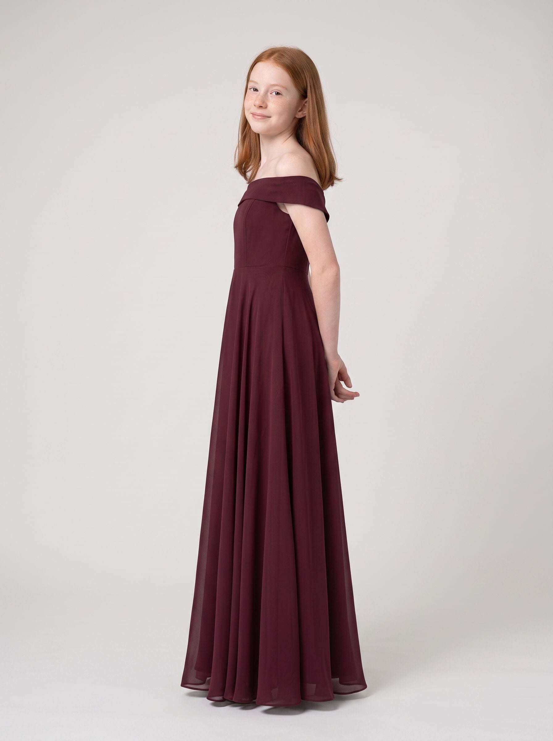 Cabernet Chiffon A-Line Off-the-Shoulder Back Zip Floor-Length Dress with Pleated Bodice