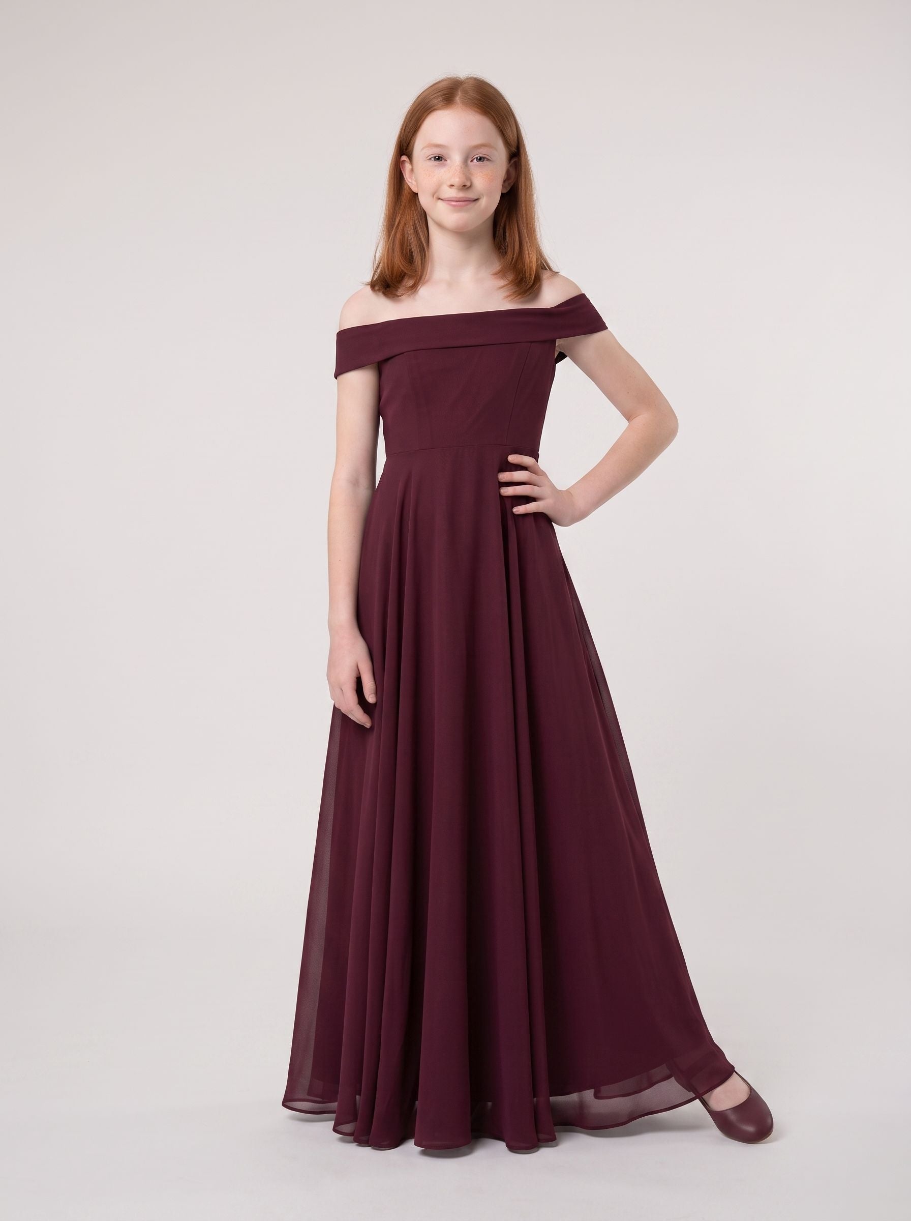 Cabernet Chiffon A-Line Off-the-Shoulder Back Zip Floor-Length Dress with Pleated Bodice