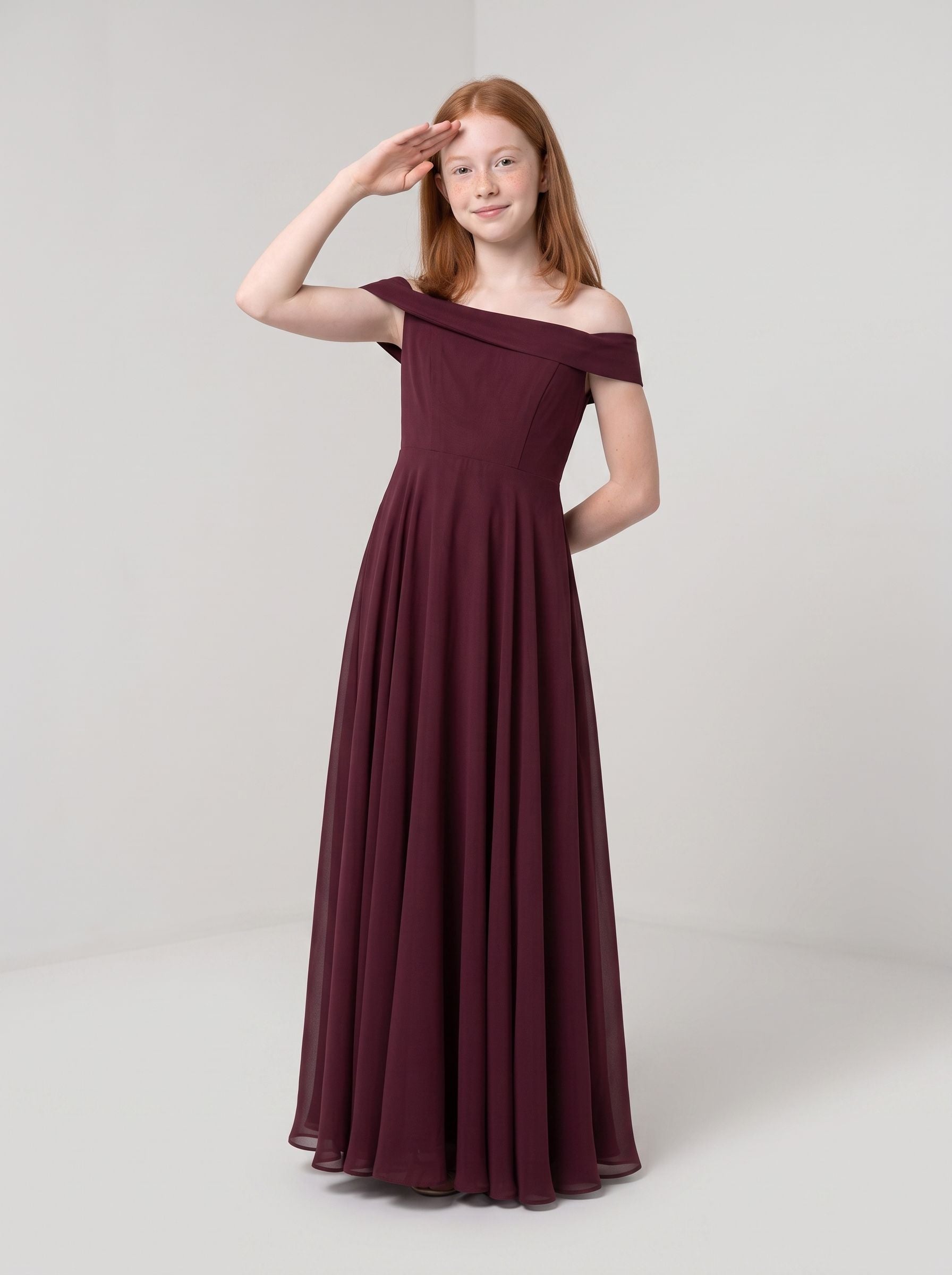 Cabernet Chiffon A-Line Off-the-Shoulder Back Zip Floor-Length Dress with Pleated Bodice