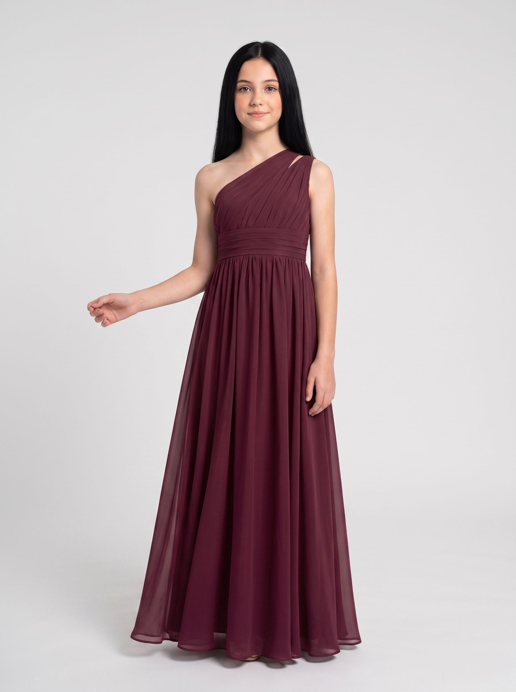 Cabernet Chiffon A-Line One Shoulder Back Zip Floor-Length Dress with Pleated Bodice