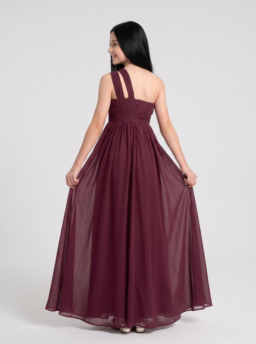 Cabernet Chiffon A-Line One Shoulder Back Zip Floor-Length Dress with Pleated Bodice