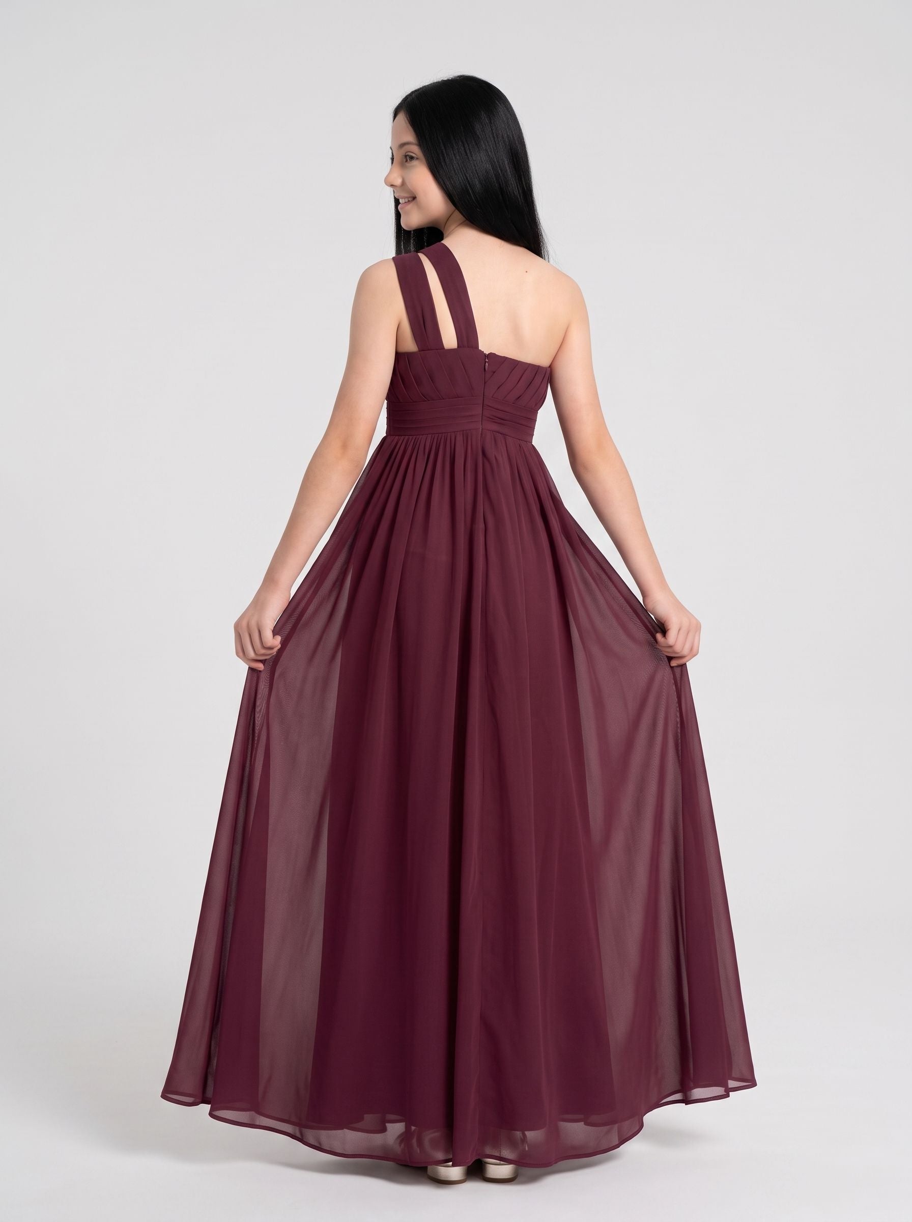 Cabernet Chiffon A-Line One Shoulder Back Zip Floor-Length Dress with Pleated Bodice