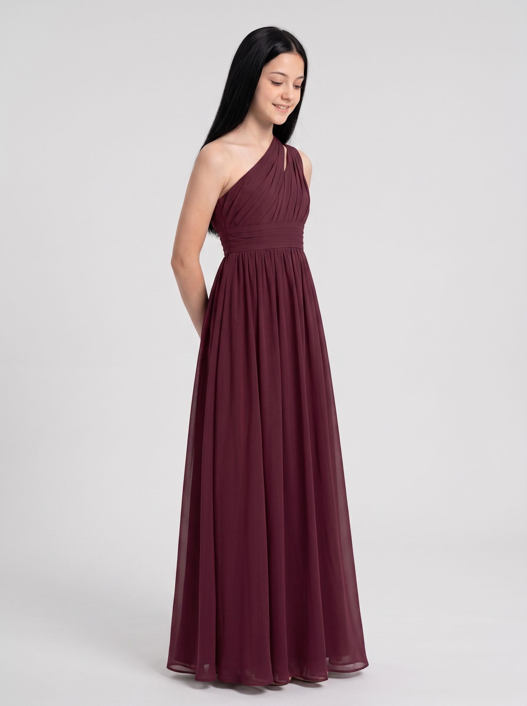 Cabernet Chiffon A-Line One Shoulder Back Zip Floor-Length Dress with Pleated Bodice