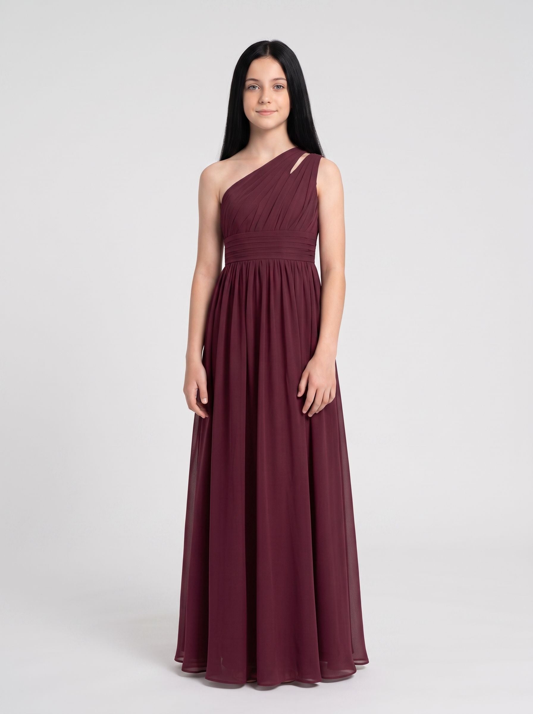 Cabernet Chiffon A-Line One Shoulder Back Zip Floor-Length Dress with Pleated Bodice