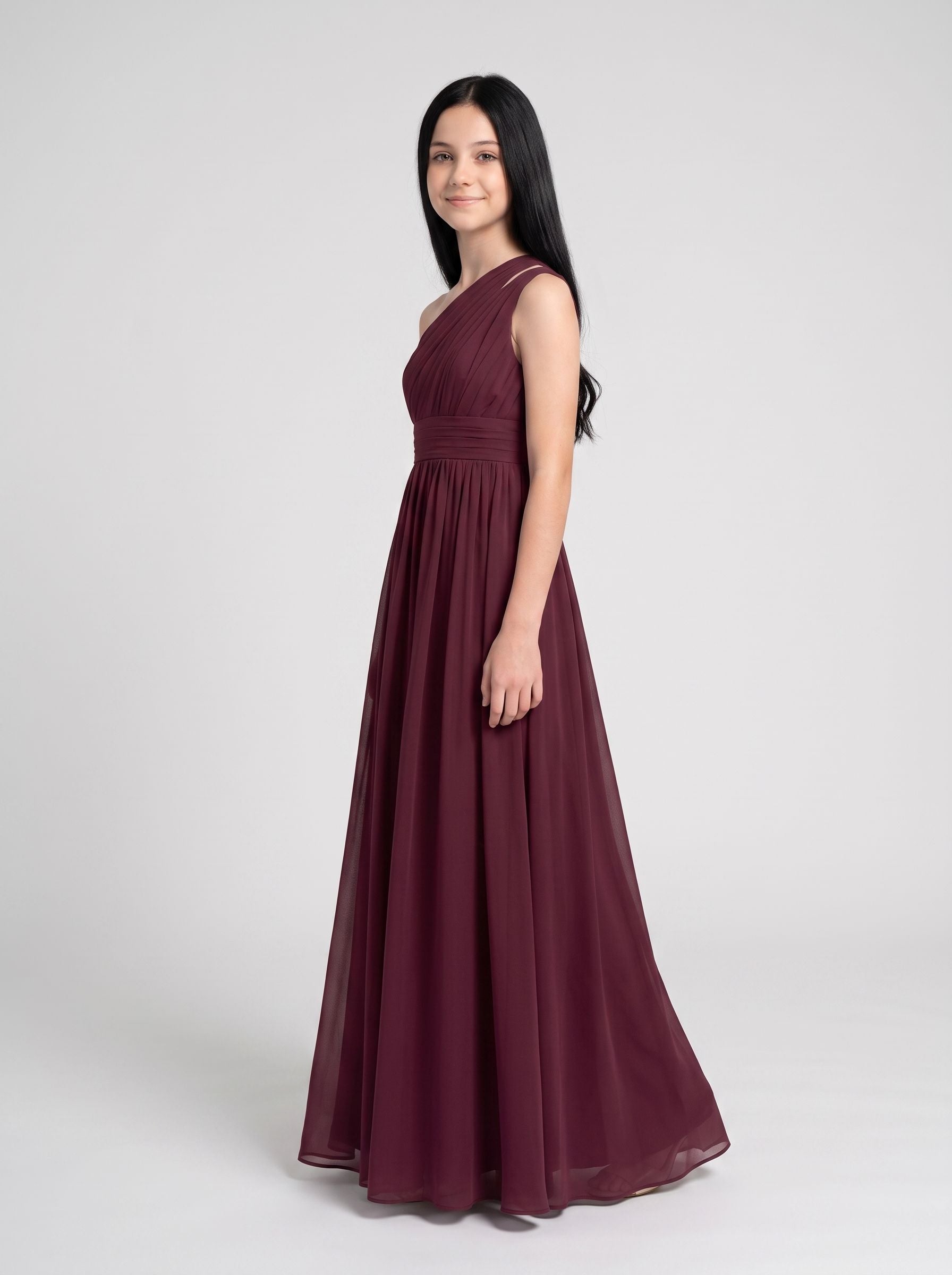 Cabernet Chiffon A-Line One Shoulder Back Zip Floor-Length Dress with Pleated Bodice