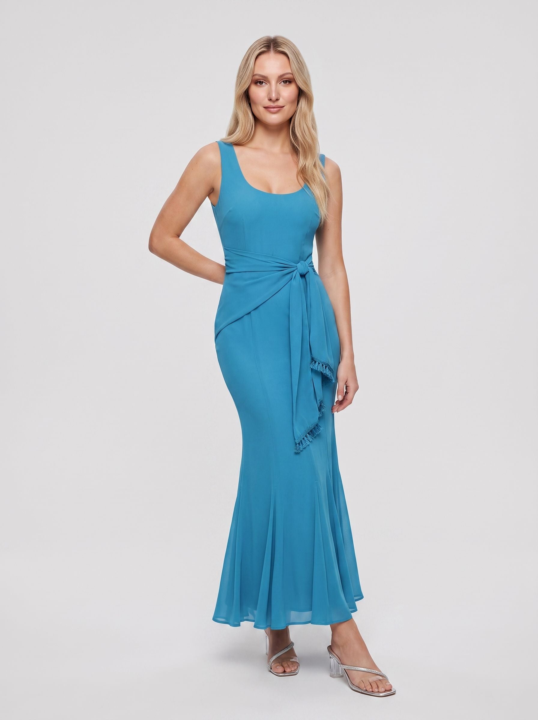 Peacock Blue Chiffon Mermaid Sweetheart Back Zip Floor-Length Dress with Pleating