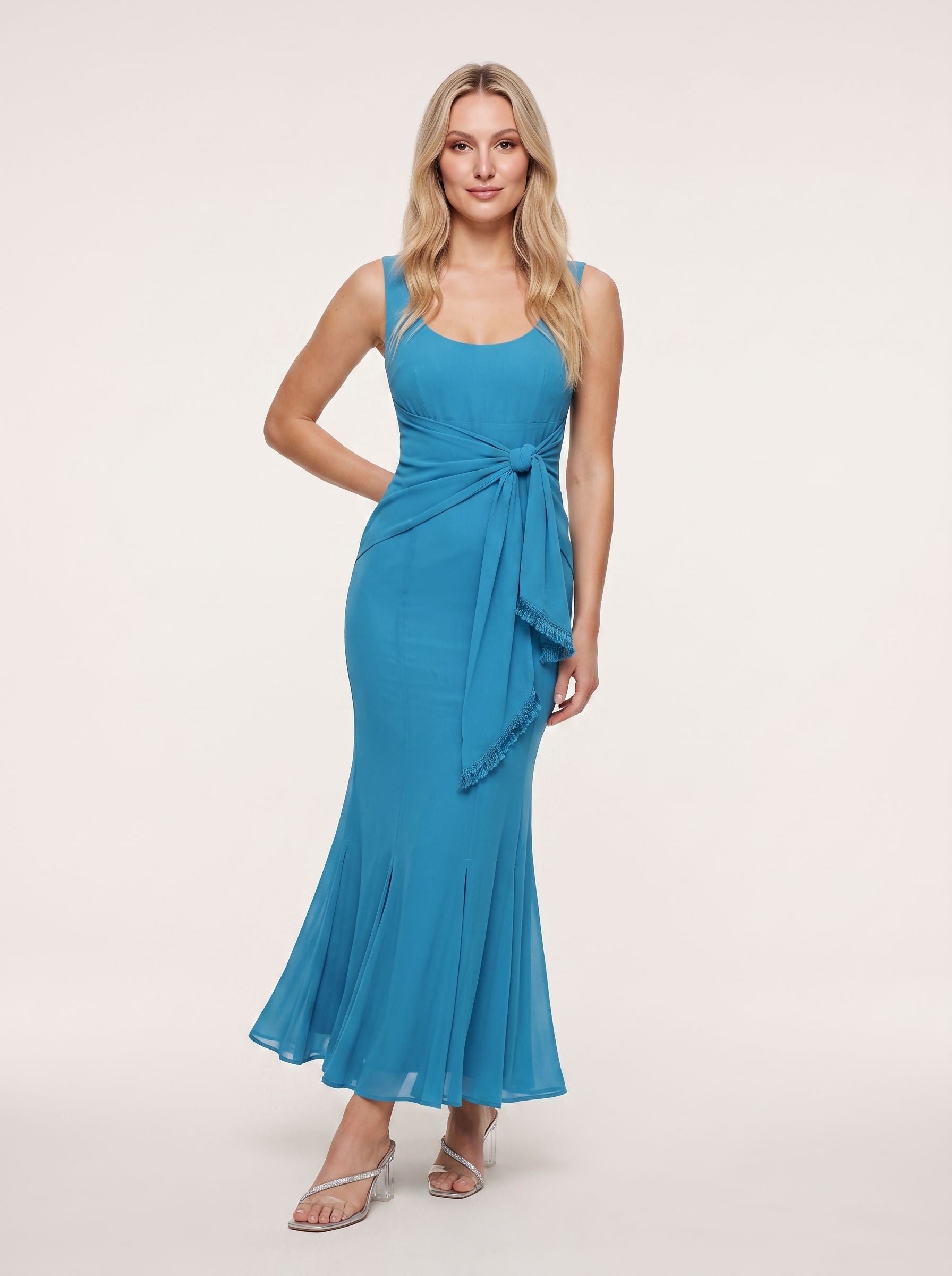 Peacock Blue Chiffon Mermaid Sweetheart Back Zip Floor-Length Dress with Pleating