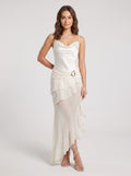 White Chiffon Trumpet V-Neck Back Zip Asymmetrical Dress with Ruffles