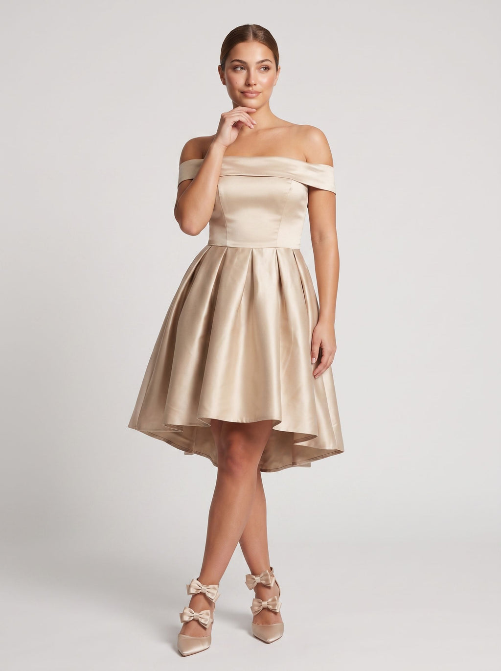 Sand Satin A-Line Off-the-Shoulder Back Zip Homecoming Dress with a Pleated Bodice