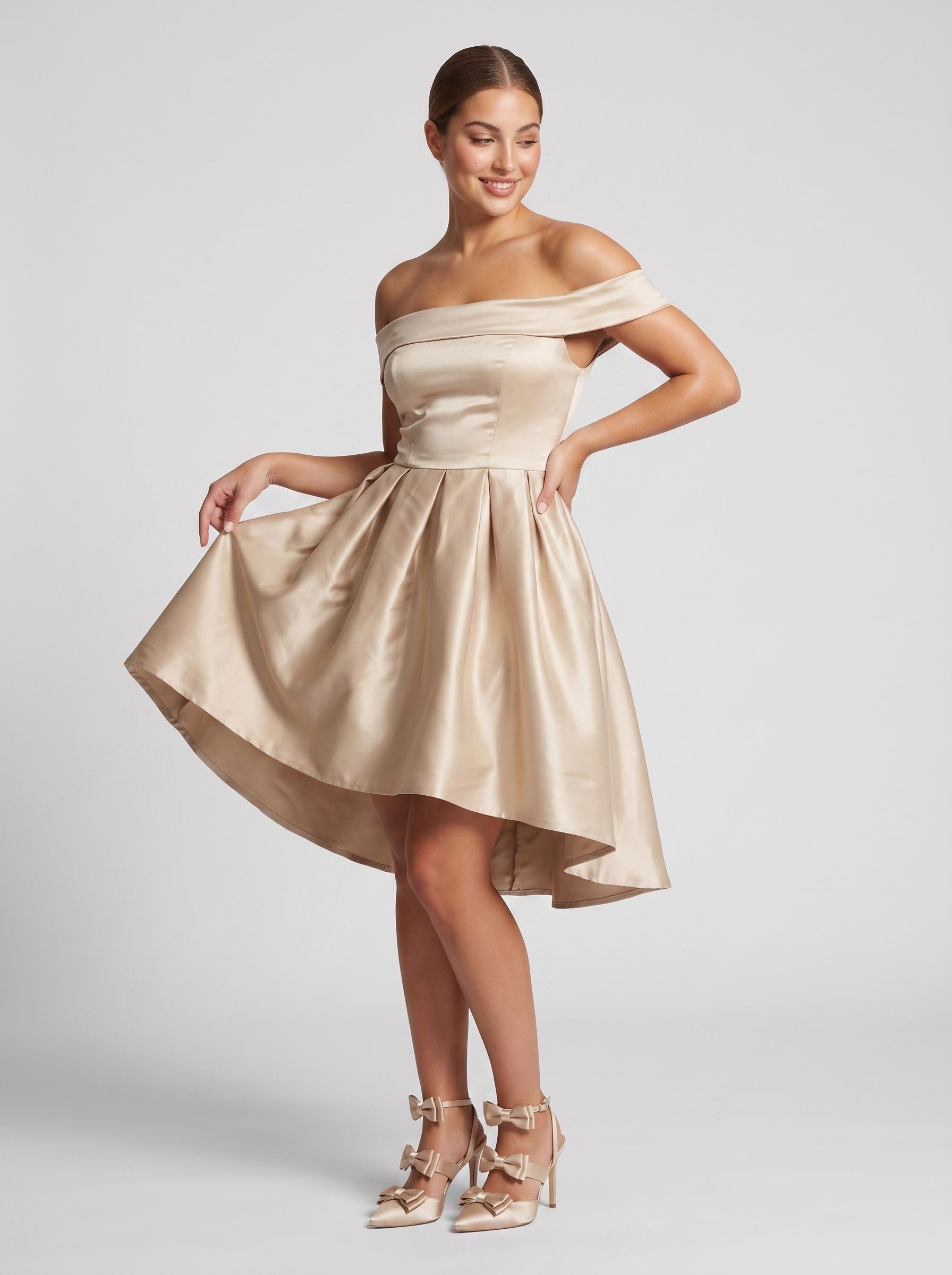 Sand Satin A-Line Off-the-Shoulder Back Zip Homecoming Dress with a Pleated Bodice