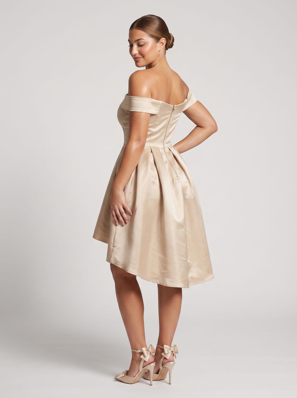 Sand Satin A-Line Off-the-Shoulder Back Zip Homecoming Dress with a Pleated Bodice