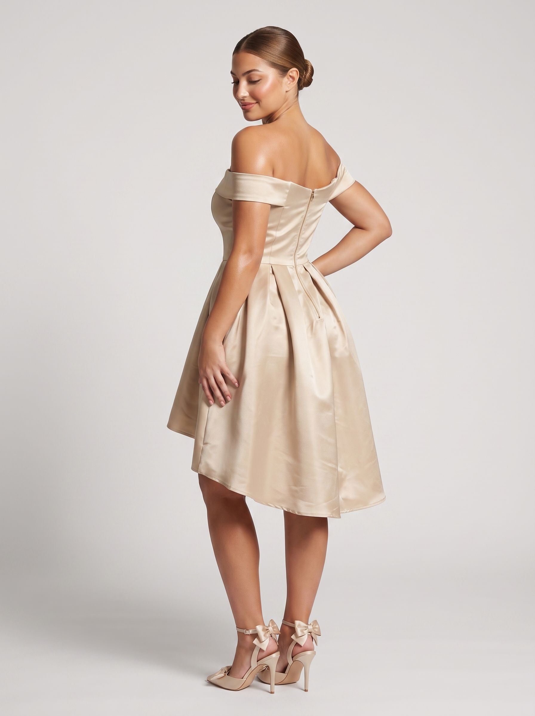 Sand Satin A-Line Off-the-Shoulder Back Zip Homecoming Dress with a Pleated Bodice