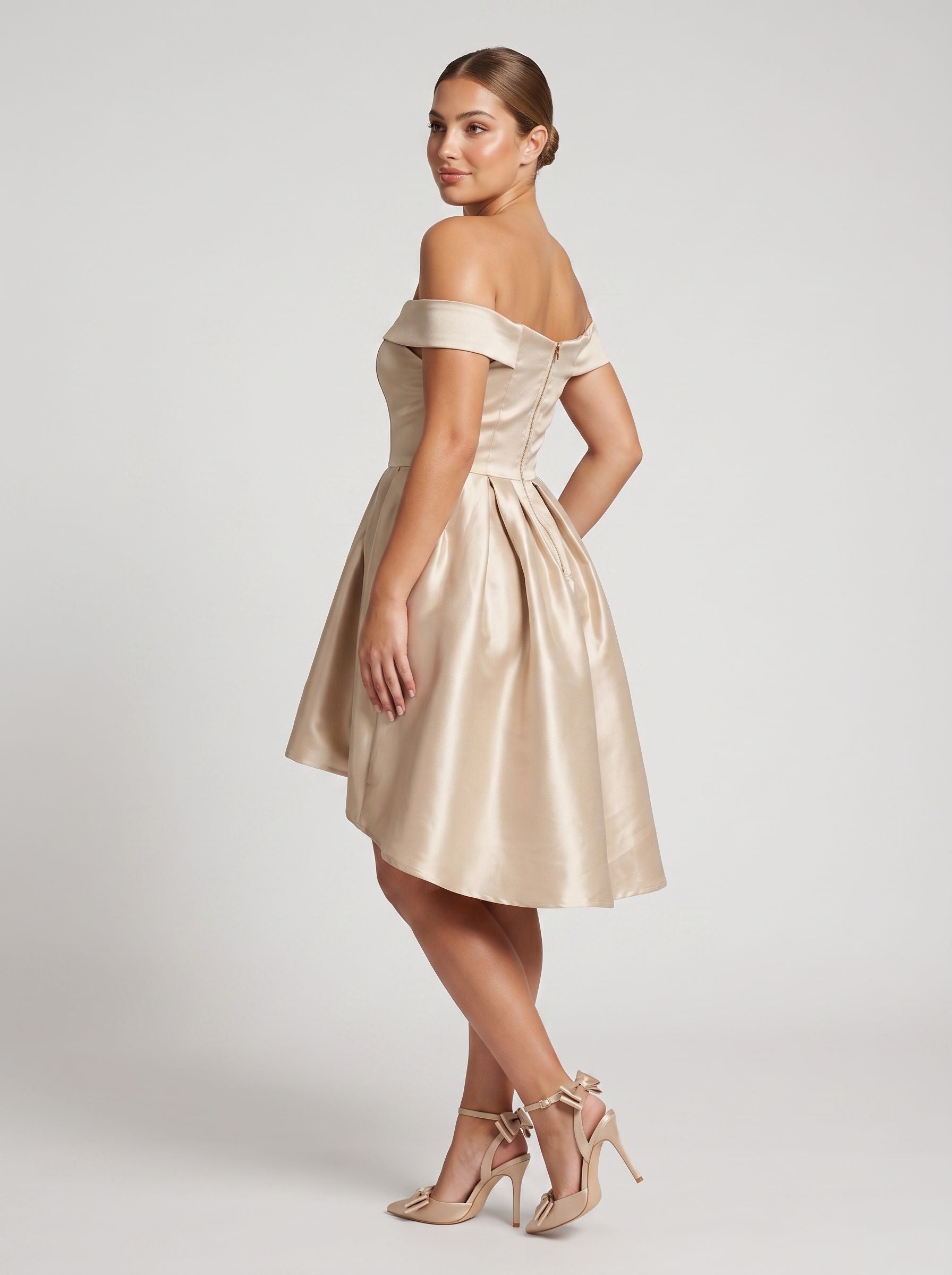 Sand Satin A-Line Off-the-Shoulder Back Zip Homecoming Dress with a Pleated Bodice
