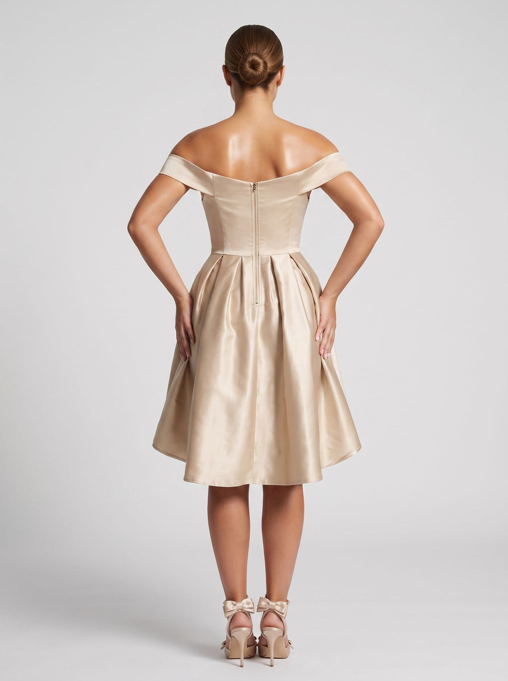 Sand Satin A-Line Off-the-Shoulder Back Zip Homecoming Dress with a Pleated Bodice
