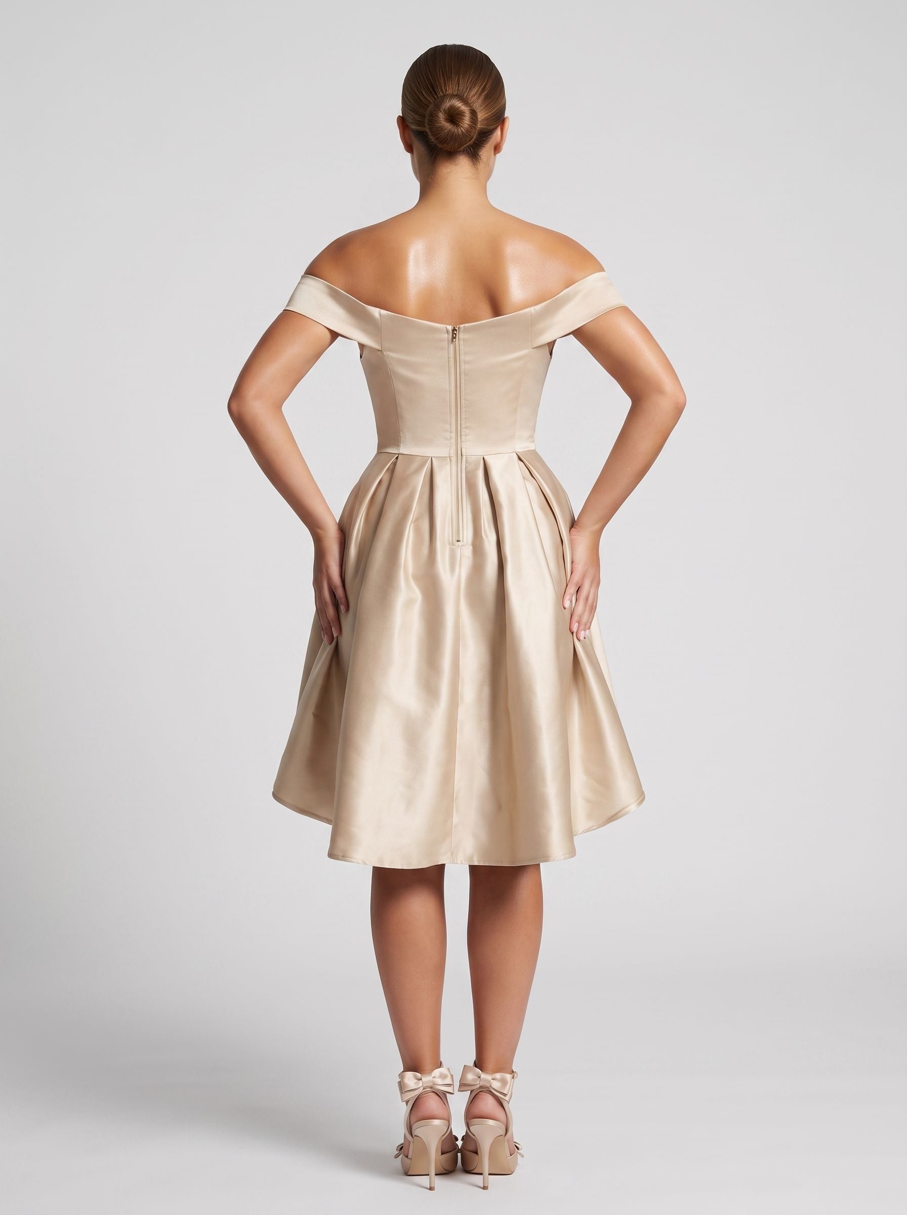 Sand Satin A-Line Off-the-Shoulder Back Zip Homecoming Dress with a Pleated Bodice