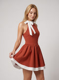 Rust Satin A-Line Halter neckline Back Zip Short Dress with Contrast Bow Trim