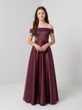 Cabernet Satin A-Line Off-the-Shoulder Back Zip Short Dress with Pleated Bodice