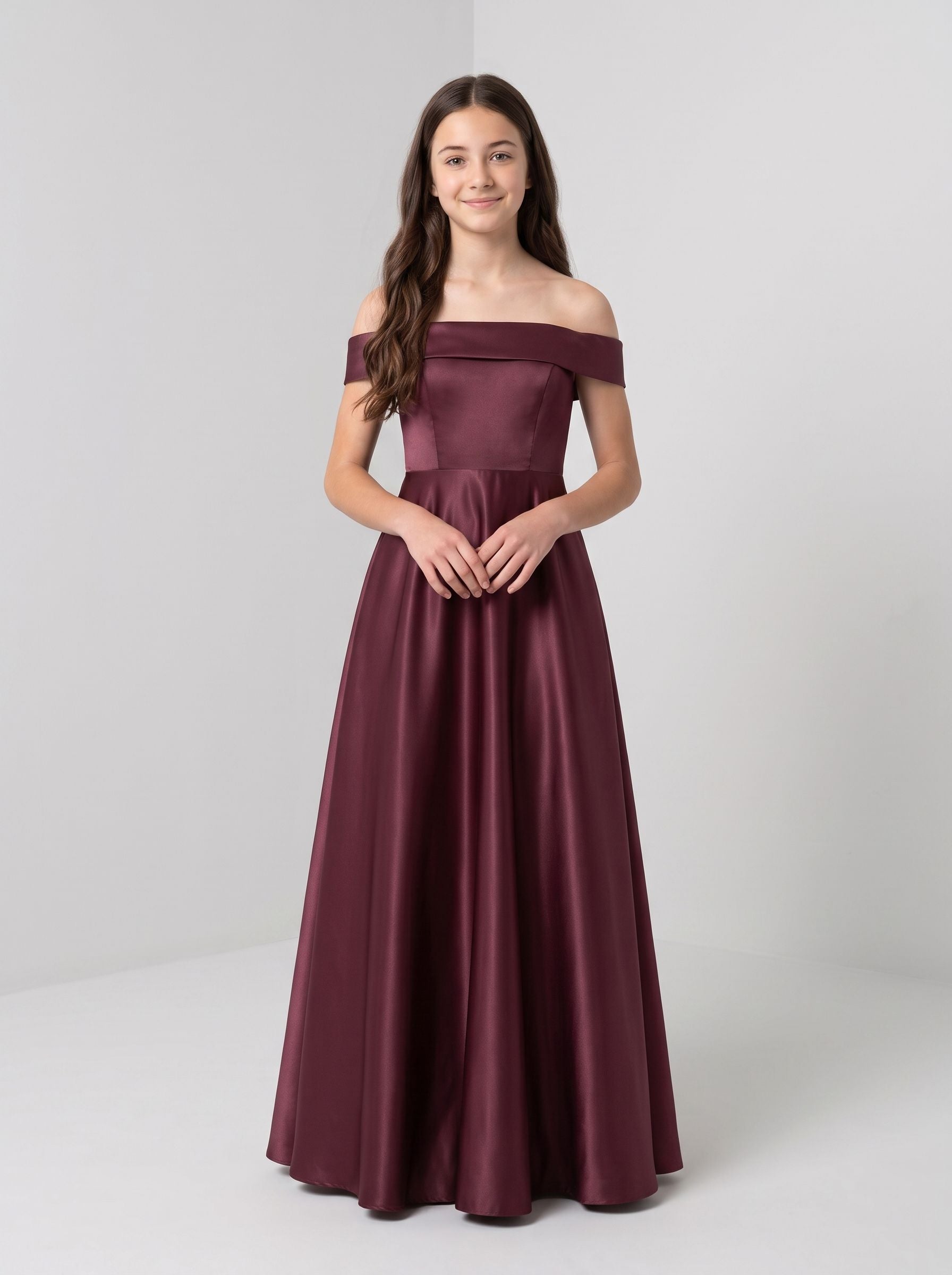 Cabernet Satin A-Line Off-the-Shoulder Back Zip Short Dress with Pleated Bodice