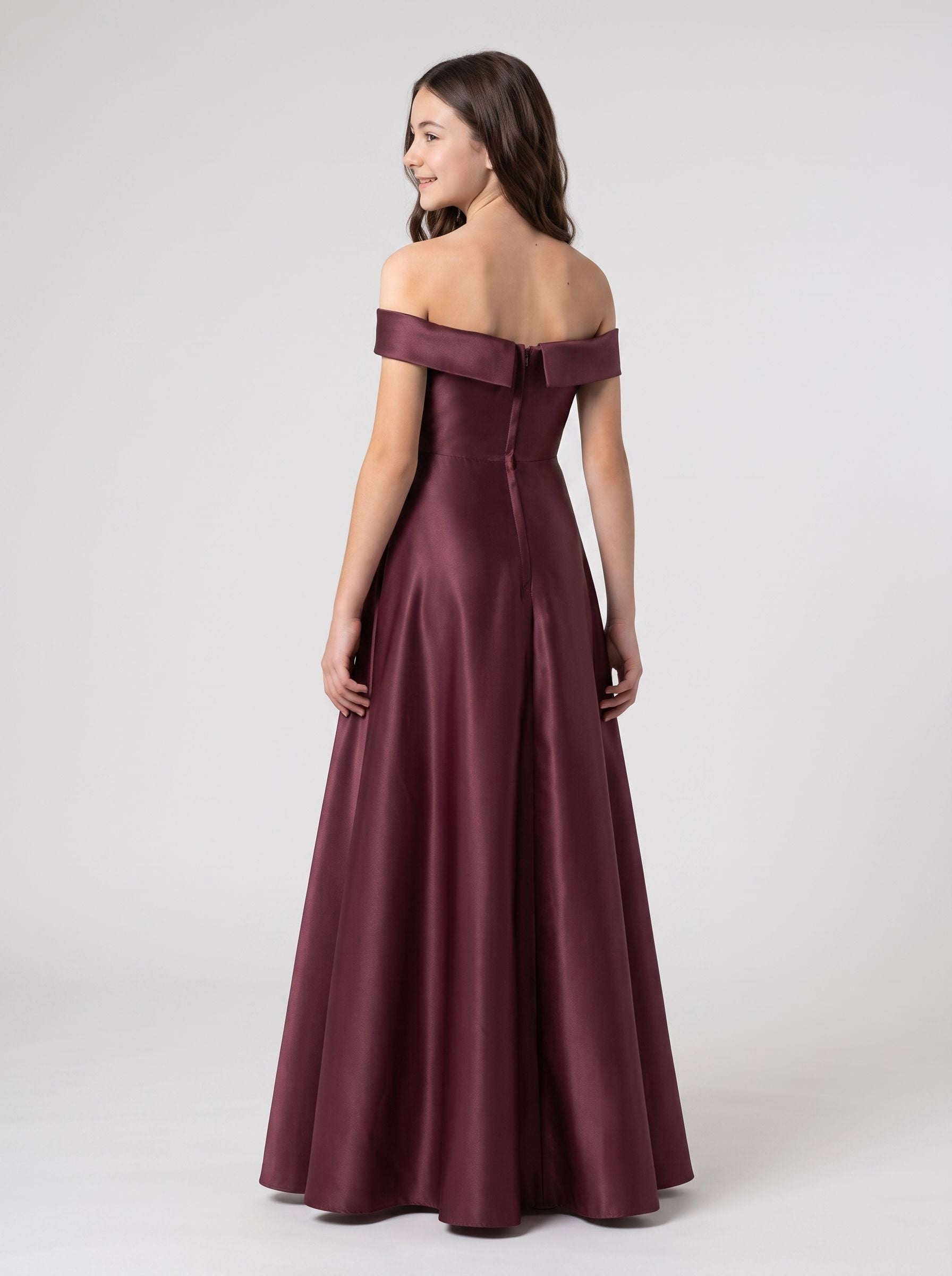 Cabernet Satin A-Line Off-the-Shoulder Back Zip Short Dress with Pleated Bodice