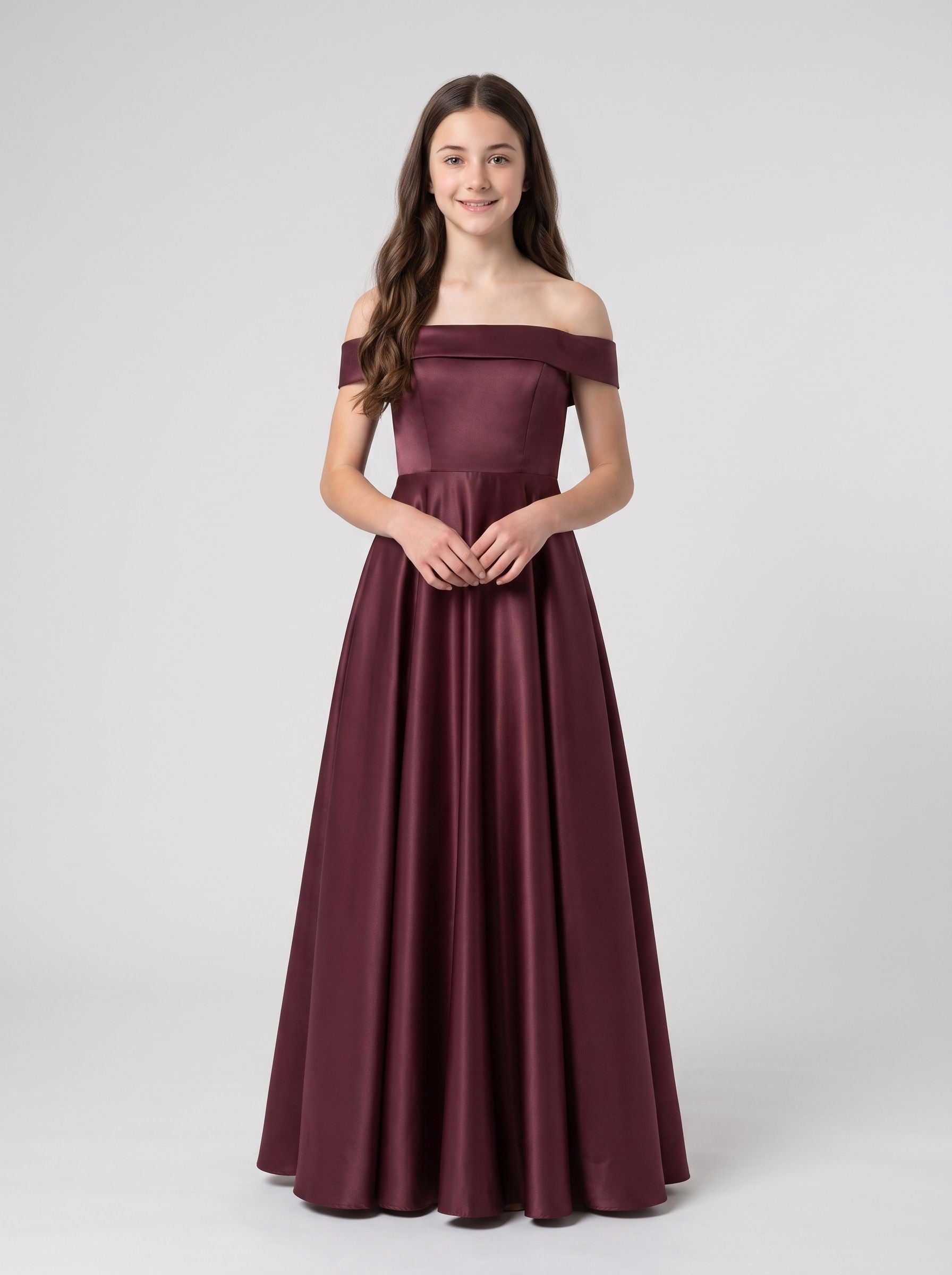 Cabernet Satin A-Line Off-the-Shoulder Back Zip Short Dress with Pleated Bodice