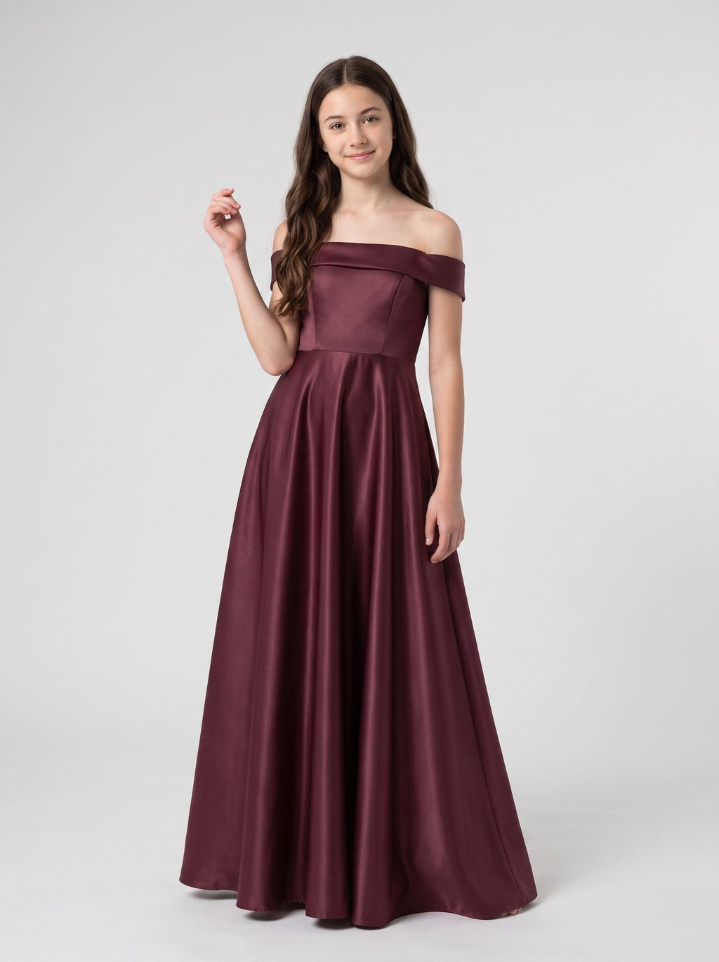 Cabernet Satin A-Line Off-the-Shoulder Back Zip Short Dress with Pleated Bodice