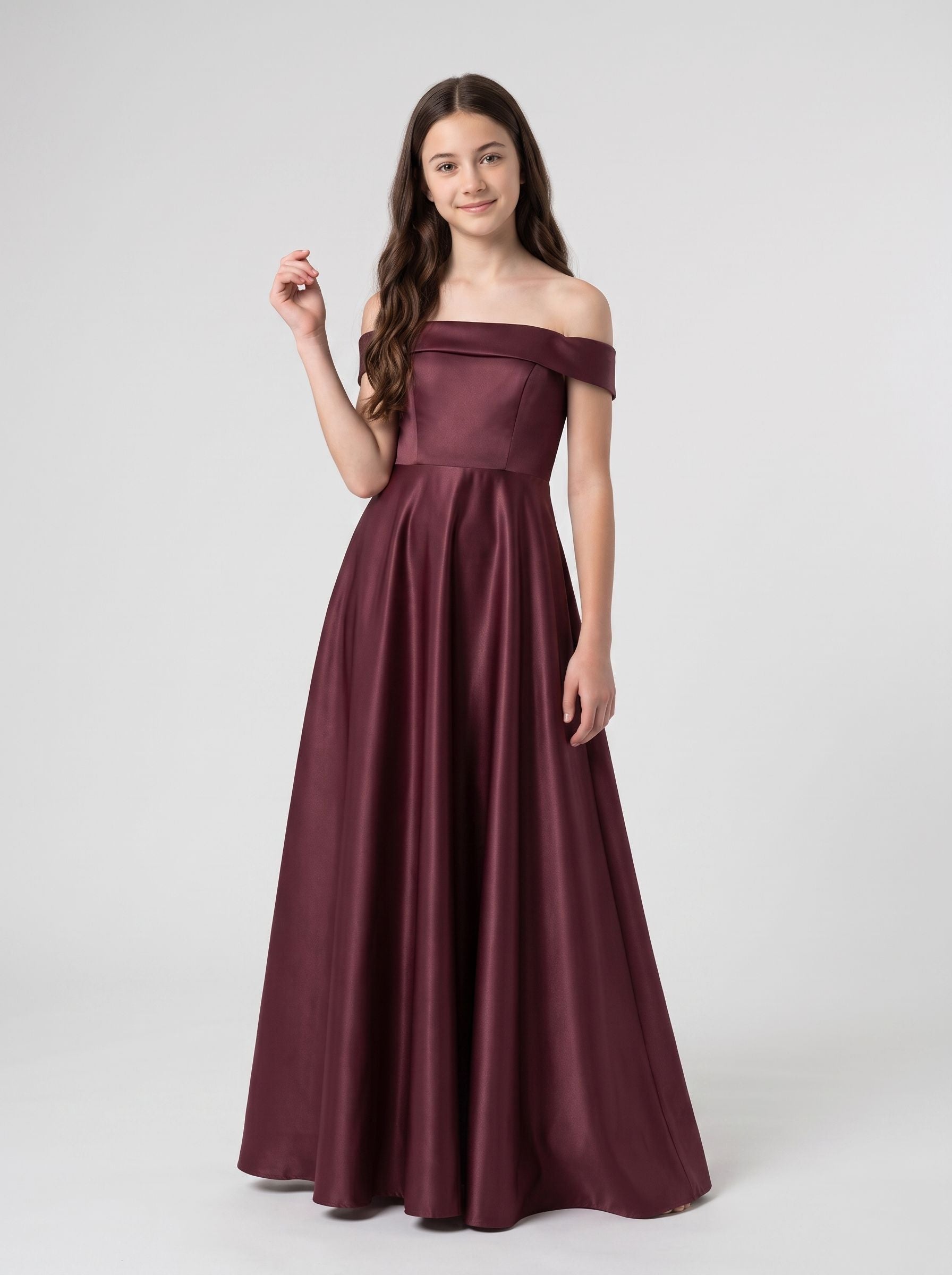 Cabernet Satin A-Line Off-the-Shoulder Back Zip Short Dress with Pleated Bodice