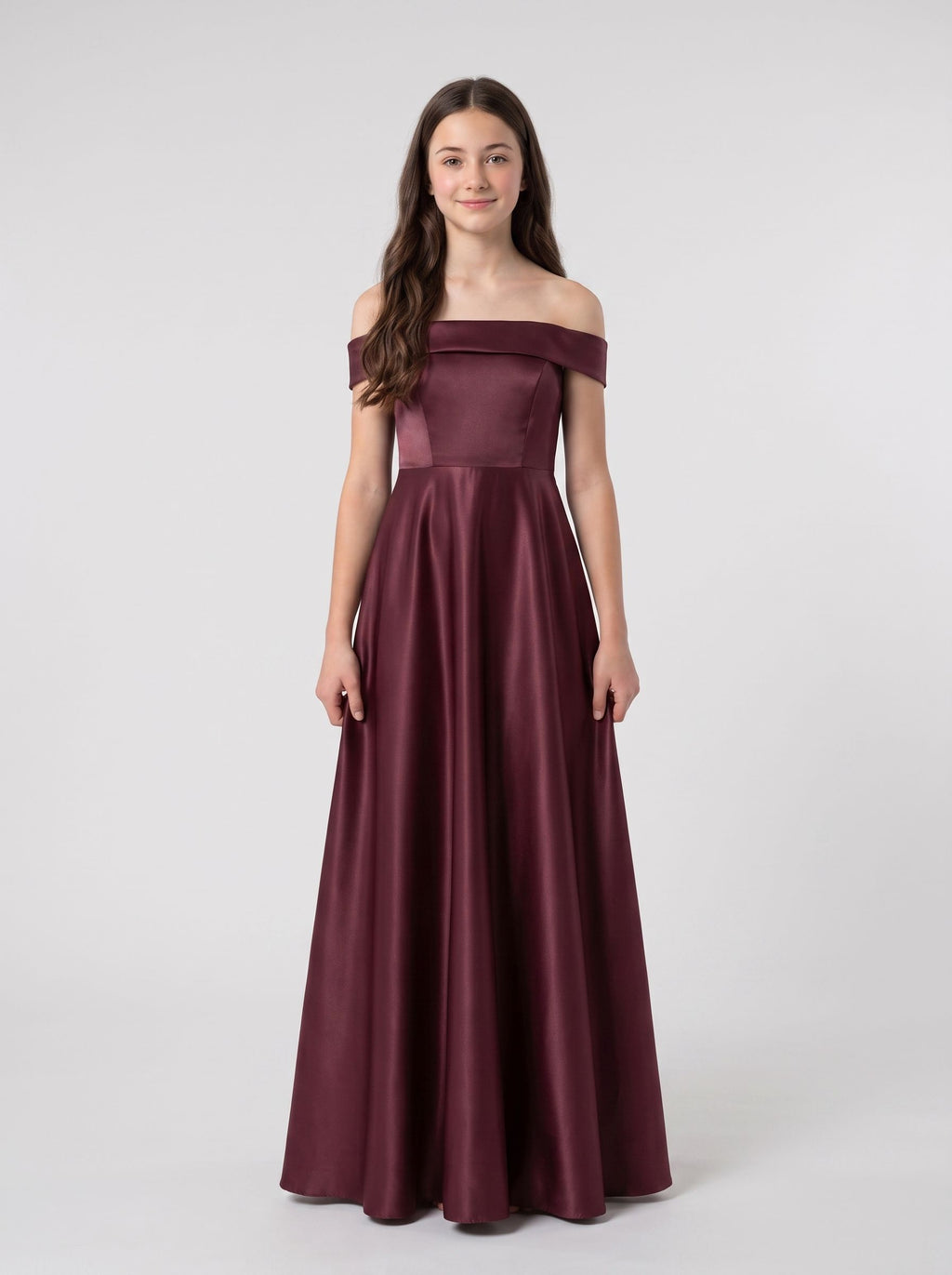 Cabernet Satin A-Line Off-the-Shoulder Back Zip Short Dress with Pleated Bodice