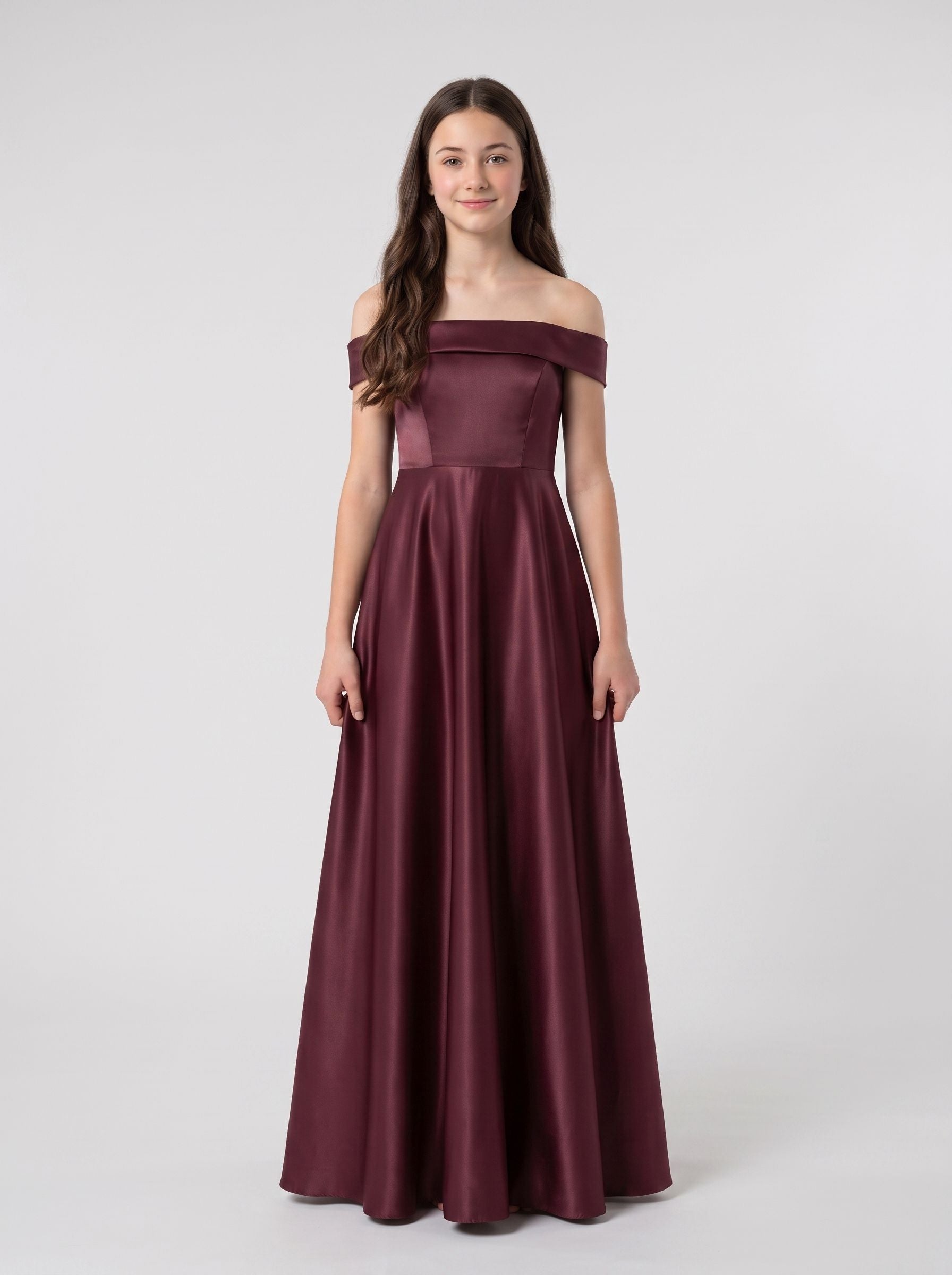 Cabernet Satin A-Line Off-the-Shoulder Back Zip Short Dress with Pleated Bodice