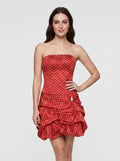 Red Satin A-Line Straight Neck Back Zip Short Dress with Pleated Bodice