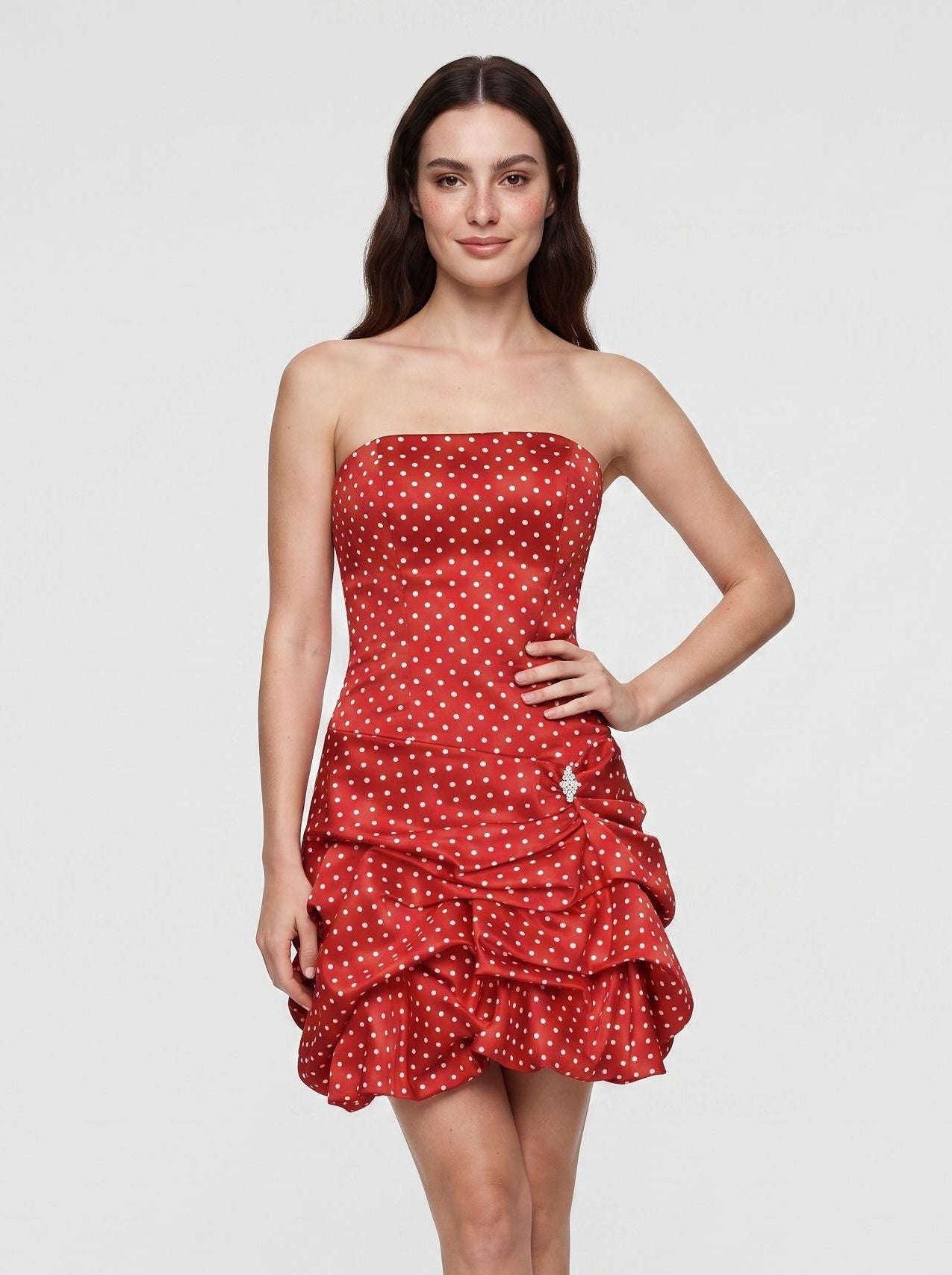 Red Satin A-Line Straight Neck Back Zip Short Dress with Pleated Bodice