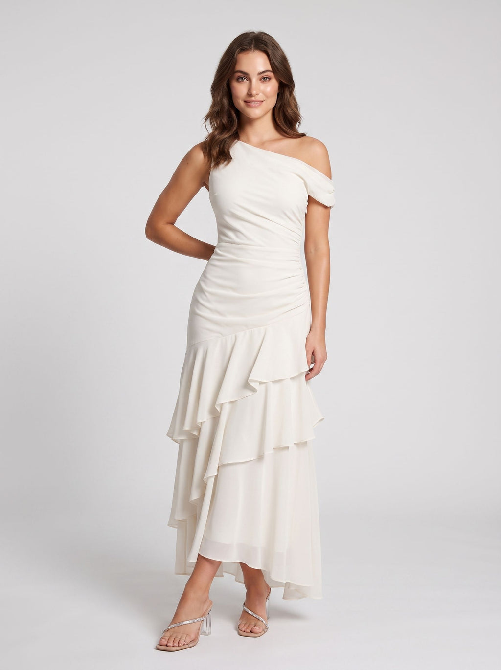 Ivory Satin column One Shoulder Side Zip Floor-Length Dress with Cascading Ruffles